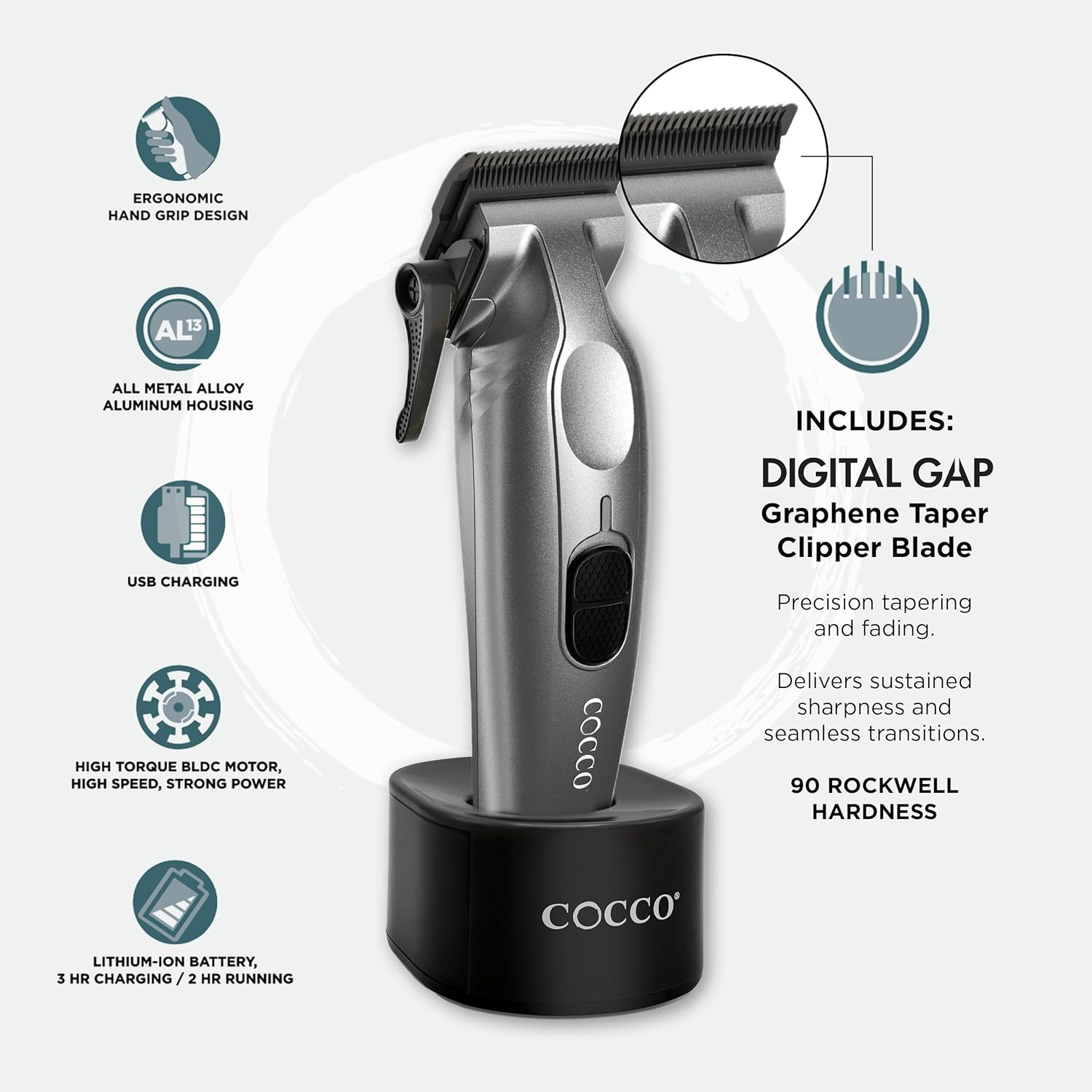 Cocco Veloce Pro Clipper, Digital Gap Ambassador Graphene Taper Blade Professional Hair Clippers, High-Torque BLDC Motor, All-Metal, Cordless, Charging Base Included, Pearl White