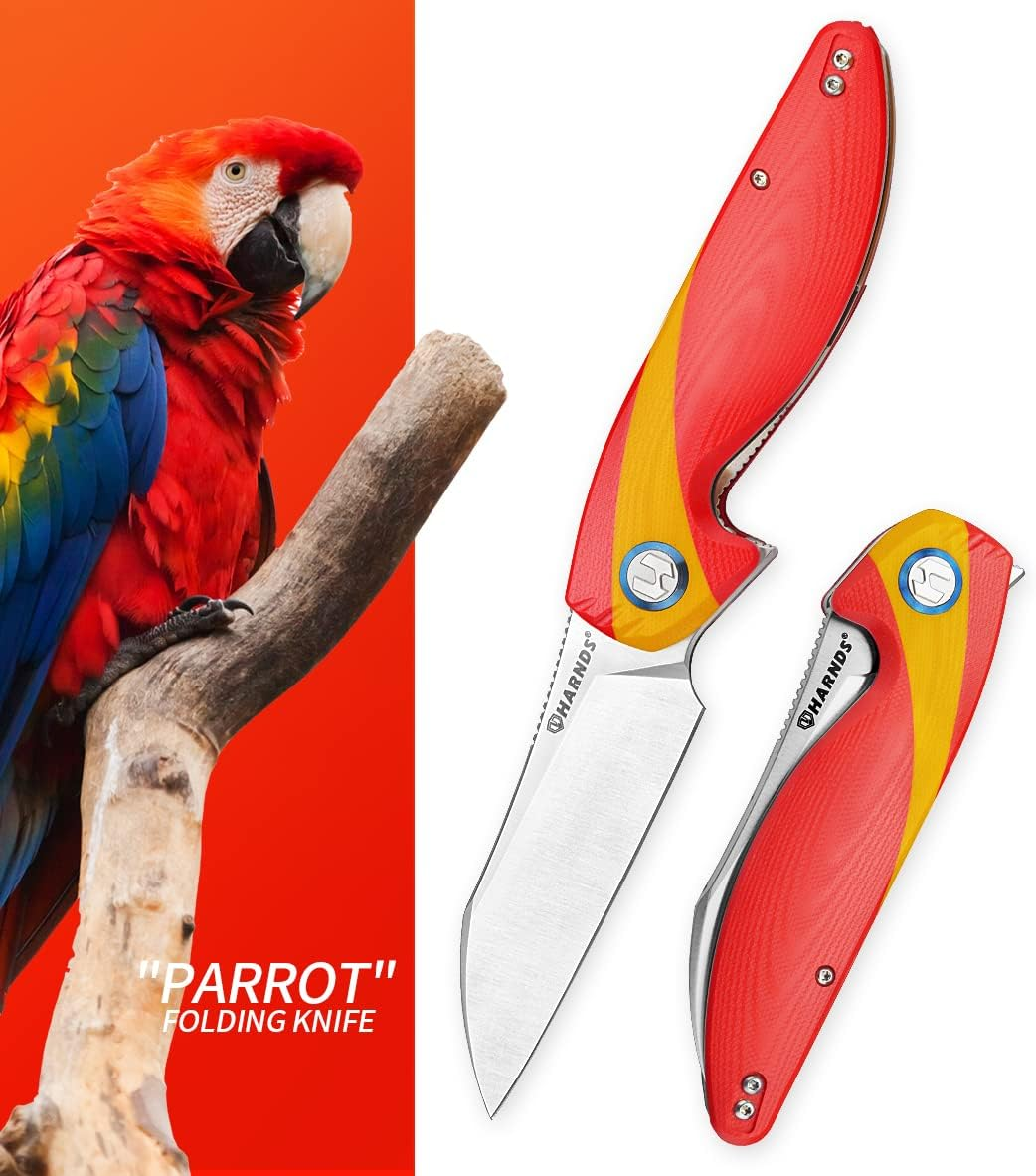 Harnds Parrot Premium Folding Knife with Sandvik 14C28N Blade 3.58" and G10 Handle with Clip, for EDC Outdoor Camping Hunting (Red & Yellow) image number 4