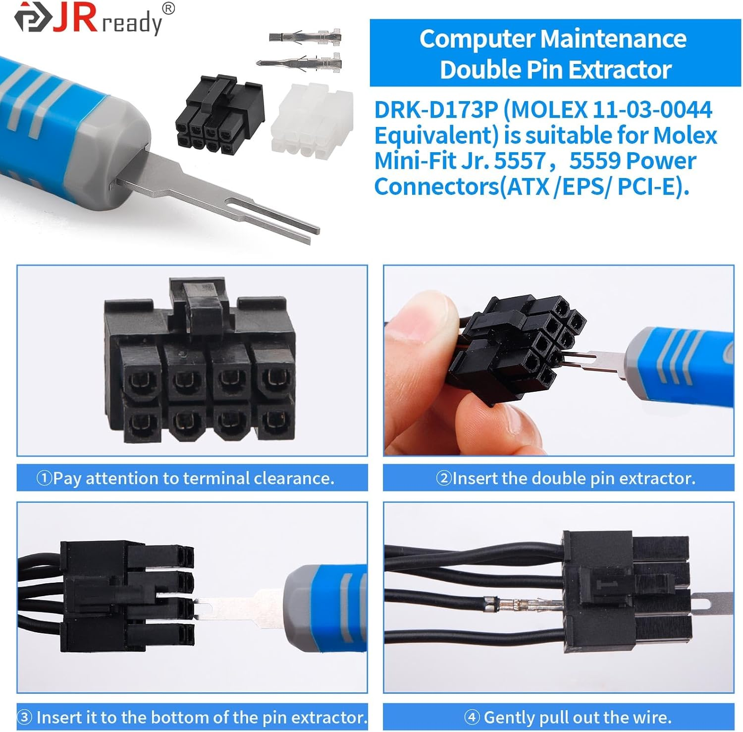 Jrready ST5253-04 Molex Pin Extractor Kit Mini-Fit Jr. Extraction Molex Micro-Fit 3.0 Terminal Release Tool 3P 4P PC Fan Connector Electrical Pin Removal Tool