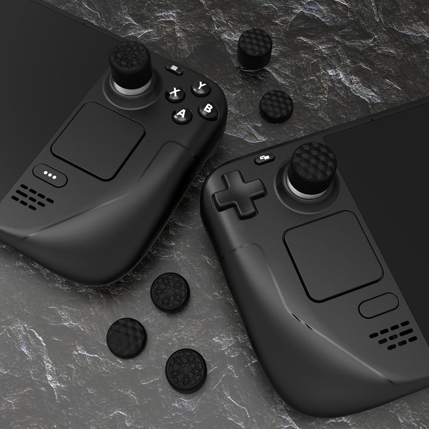 Black Ergonomic Stick Caps Thumb Grips for Steam Deck LCD & OLED, for PS Portal Remote Player - with 3 Height Convex and Concave - Diamond Grain & Crack Bomb Design, Set of 10 image number 2