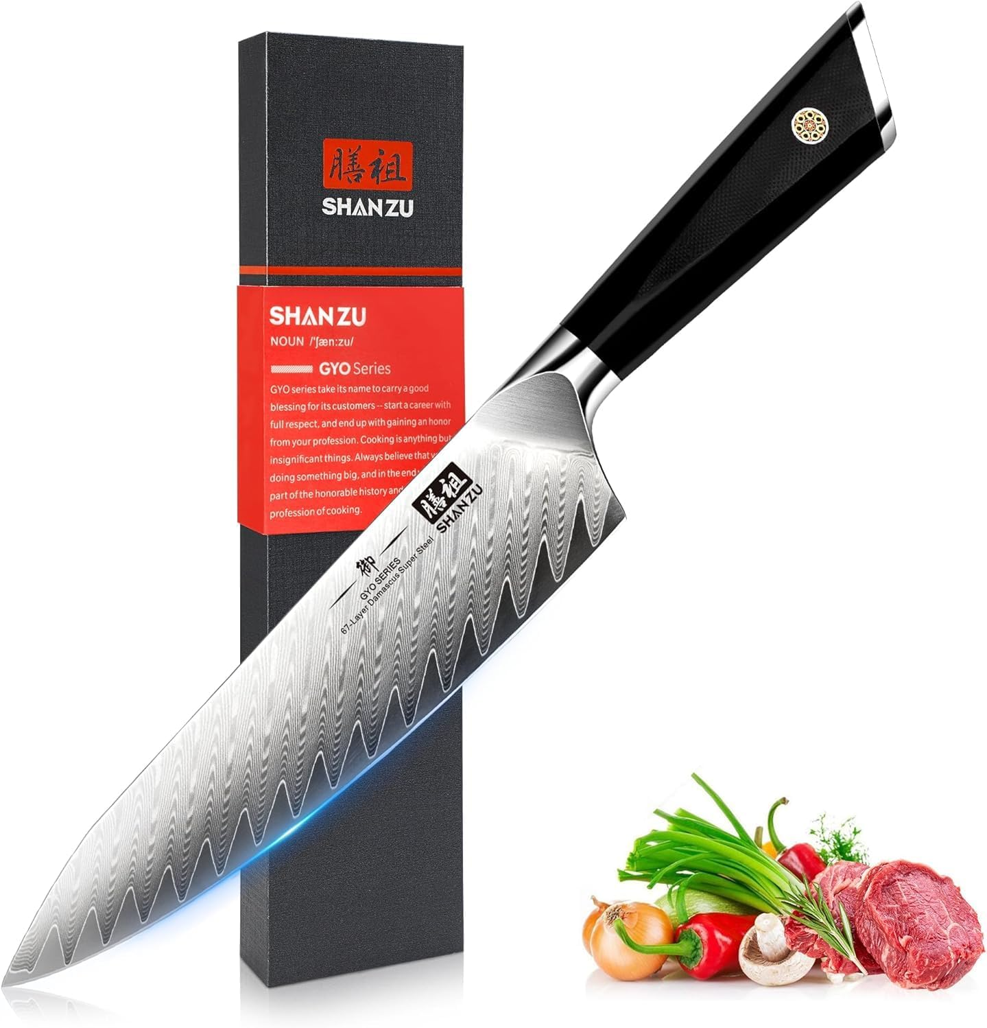 SHAN ZU Damascus Chef Knife 8 Inch, 67-Layer High Carbon Steel Kitchen Knife,Ultra Sharp Japanese Chef Knife,Professional Kitchen Utility Knives with G11 Ergonomic Handle Cooking Knife with Gift Box image number 5