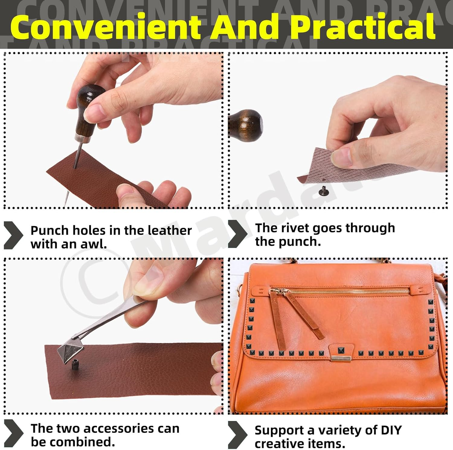 Mardatt 150Pcs 6 Sizes Gold Spike Rivet Pyramid Rapid Rivet Studs, 6Mm 7Mm 8Mm 9Mm 10Mm 12Mm Square Punk Spikes Pyramid Rapid Rivet Studs Nail Heads for DIY Leather Craft Decoration(Gold） - Gun Color image number 2