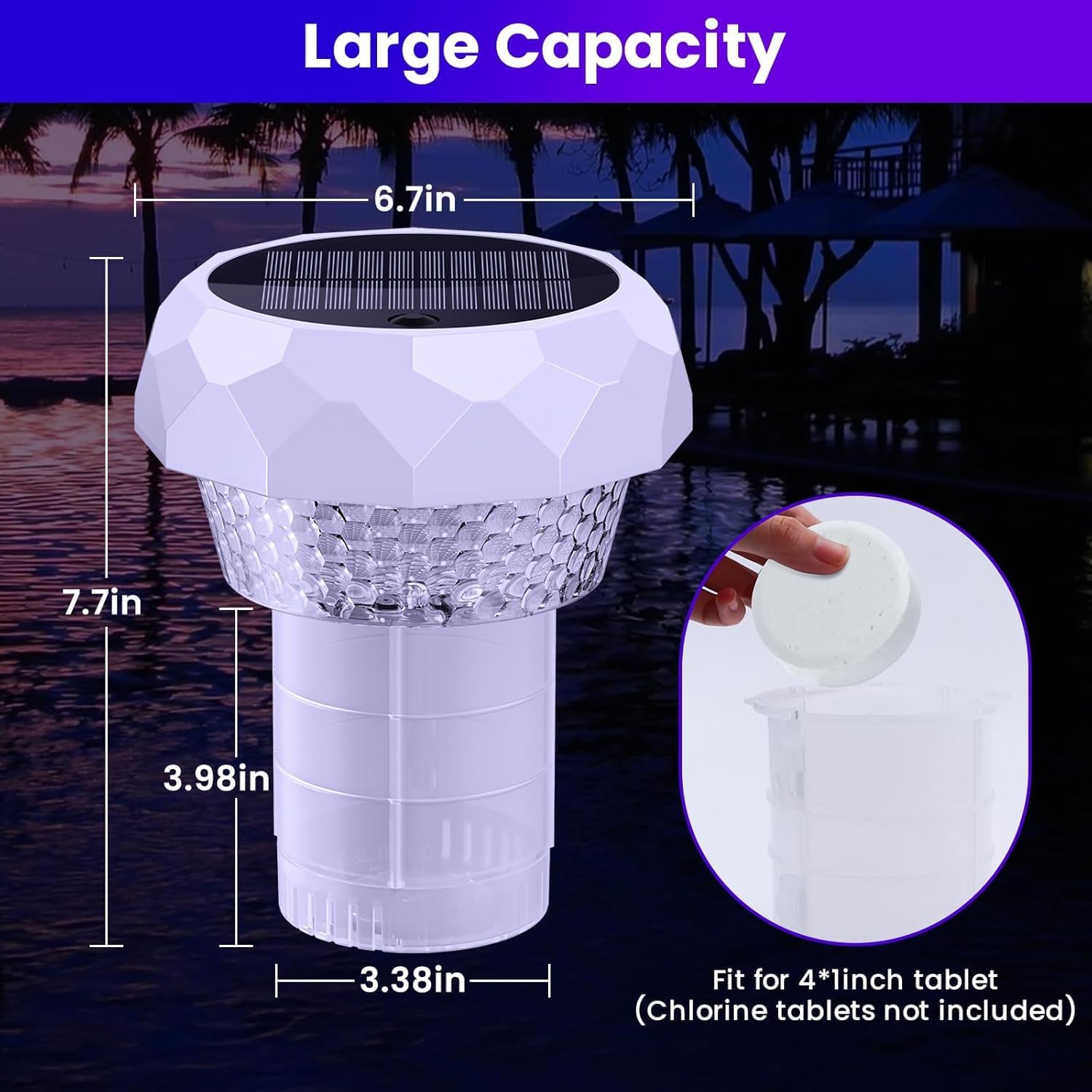 Solar Pool Chlorine Floater with Colorful Lights, 2025 Upgrade Remote-Controlled Solar Lights Adjustable Release Chlorine Floater Dispenser Floating Pool Lights for Pool for 3'' or 1'' Tablets