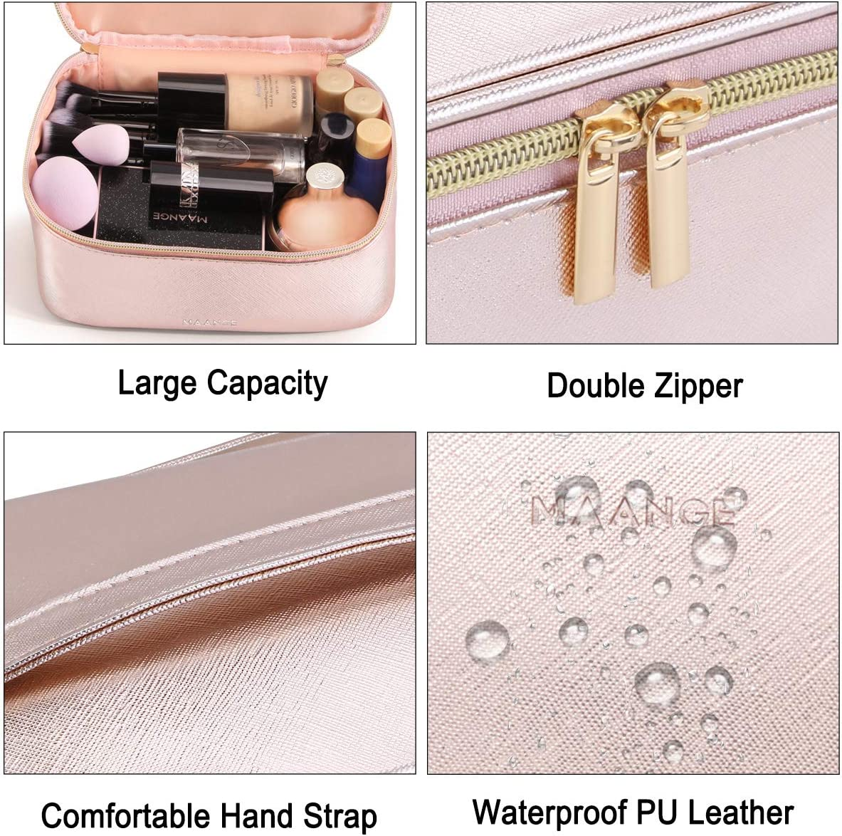 MAANGE 3 Pcs Makeup Bag Portable Travel Cosmetic Bag Large Makeup Bag Organizer with Gold Zipper Waterproof Toiletry Bags for Women and Girls(Rose Gold) image number 4