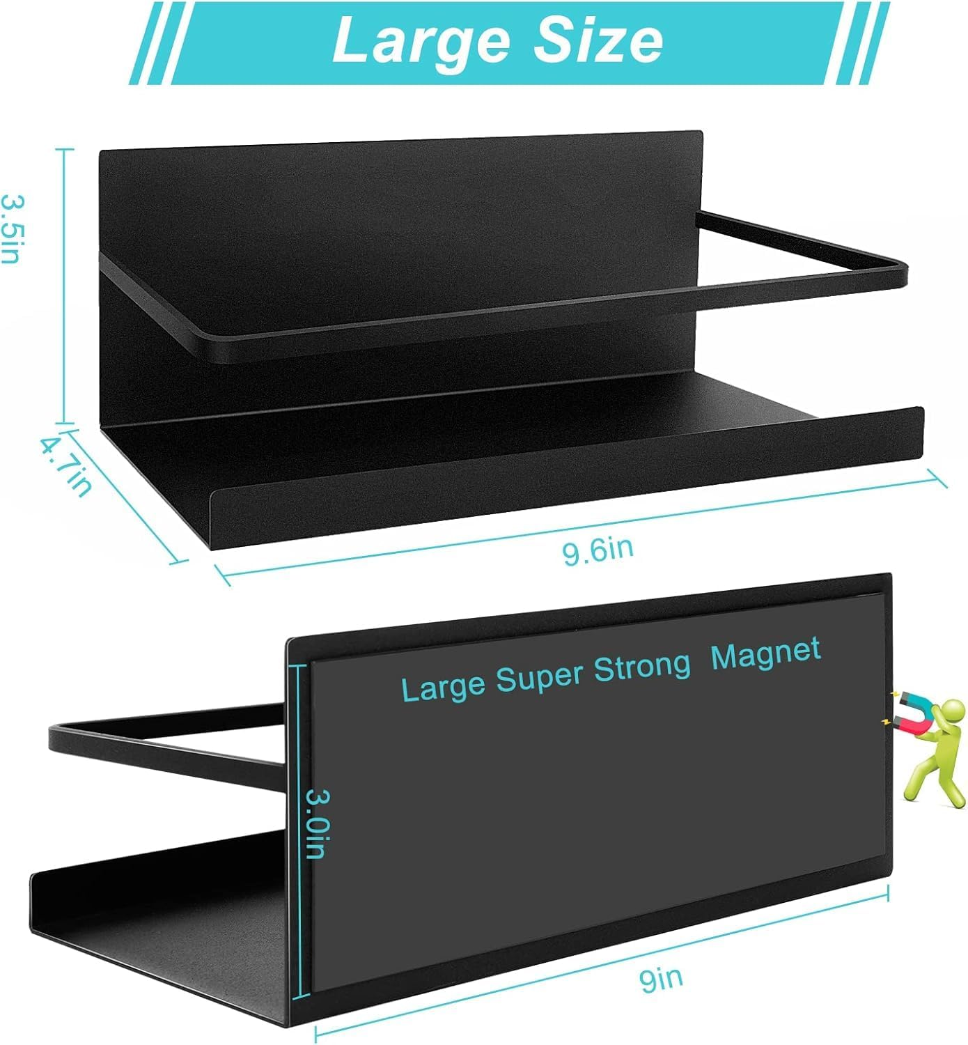 Magnetic Shelf for Kitchen with Strong Magentic Storage Organizer Magnetic Spice Rack for Refrigerator,Heave Duty Fridge Spice Rack for Cabinet,Space Container,Drill Free (Black, 2 Pack)