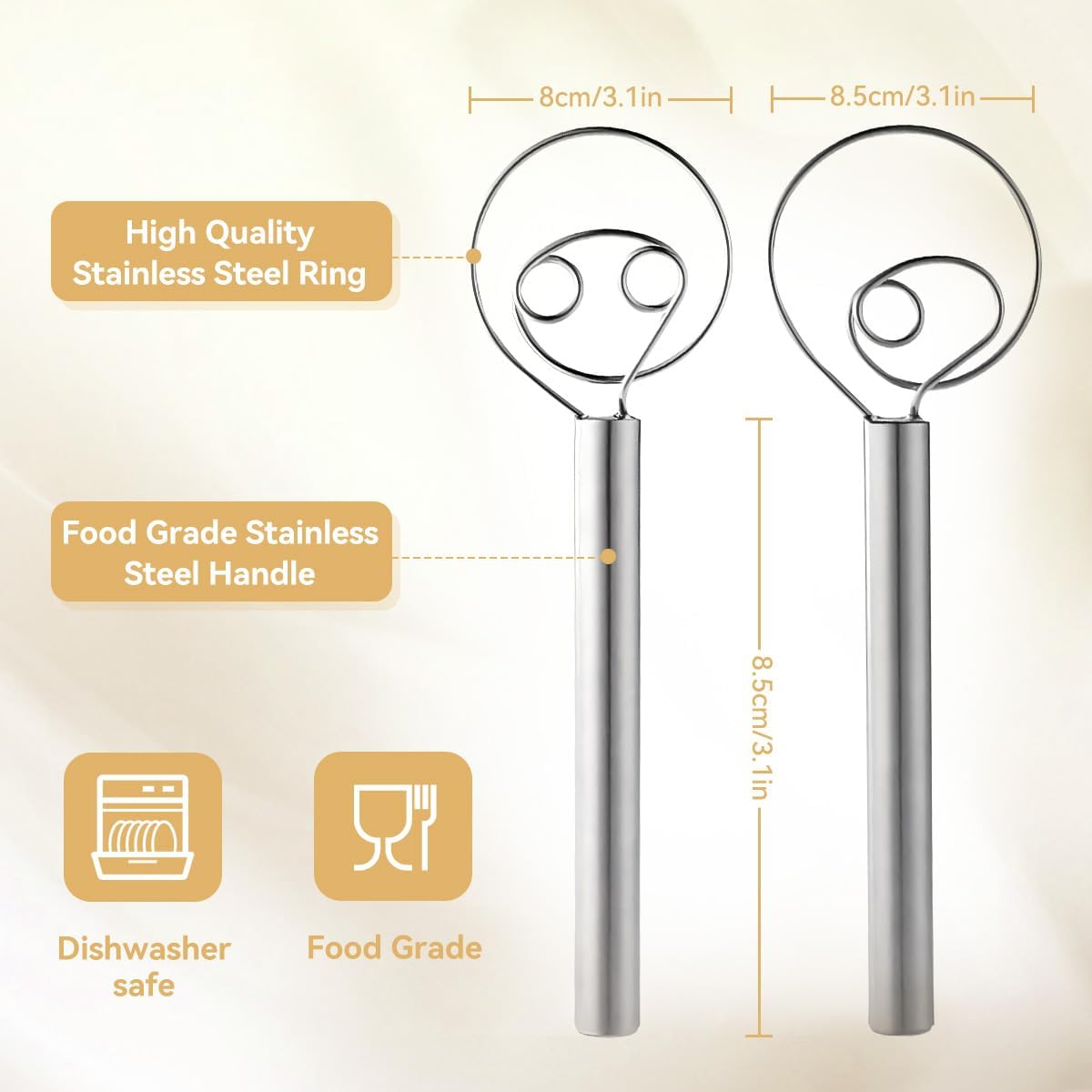 2PCS 30Cm Danish Dough Whisk Set 304 Stainless Steel Large Bread Dough Egg Whisk Hand Mixer Baking Tools for Cake Cookie Dessert Bread Pizza Pastry Food Biscuits image number 4