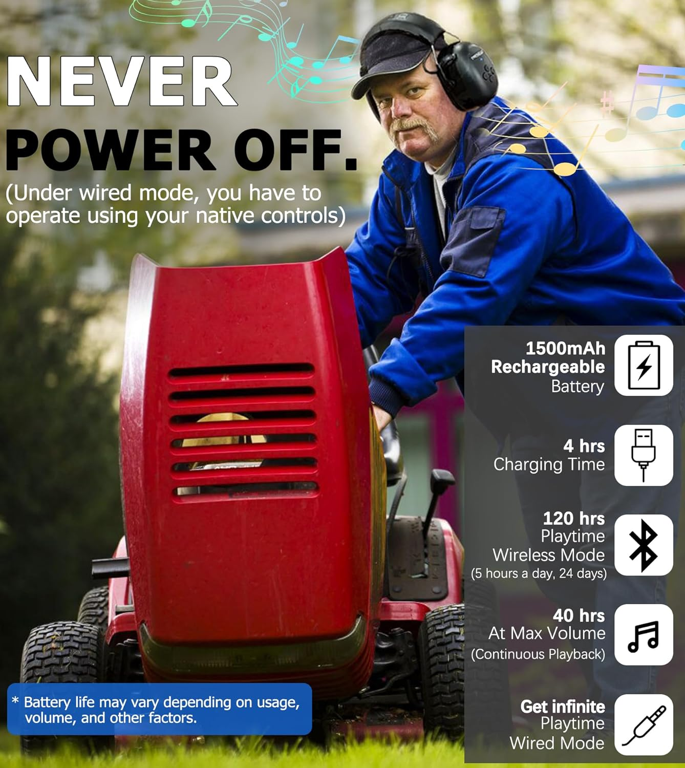 PROHEAR 037 Bluetooth 5.0 Hearing Protection Headphones with Rechargeable 1100Mah Battery, 25Db NRR Safety Noise Reduction Ear Muffs 40H Playtime for Mowing, Workshops, Snowblowing - Black image number 6