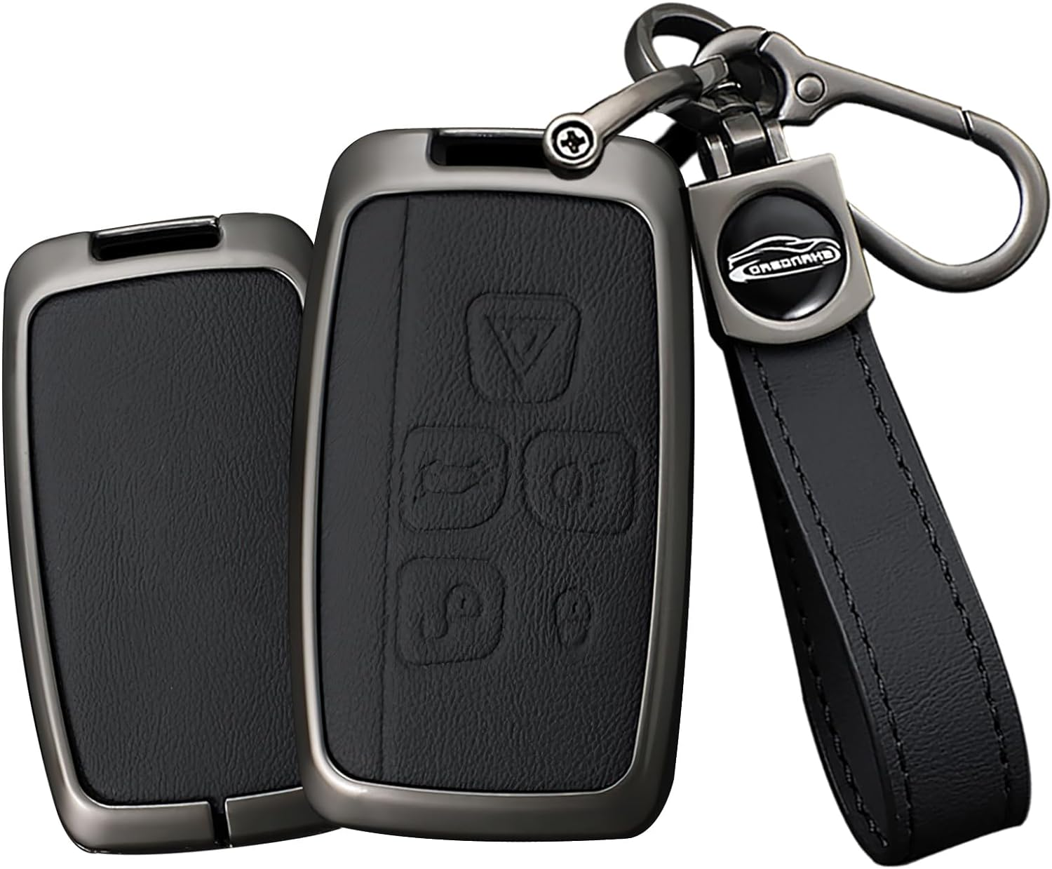 Leather Key Fob Cover with Keychain Metal Key Shell Cover Holder Fit for Evoque Velar Sport Discovery Freelander2 LR4 Sport Jaguar XF XJ XE F-PACE F-Type Smart Key Black
