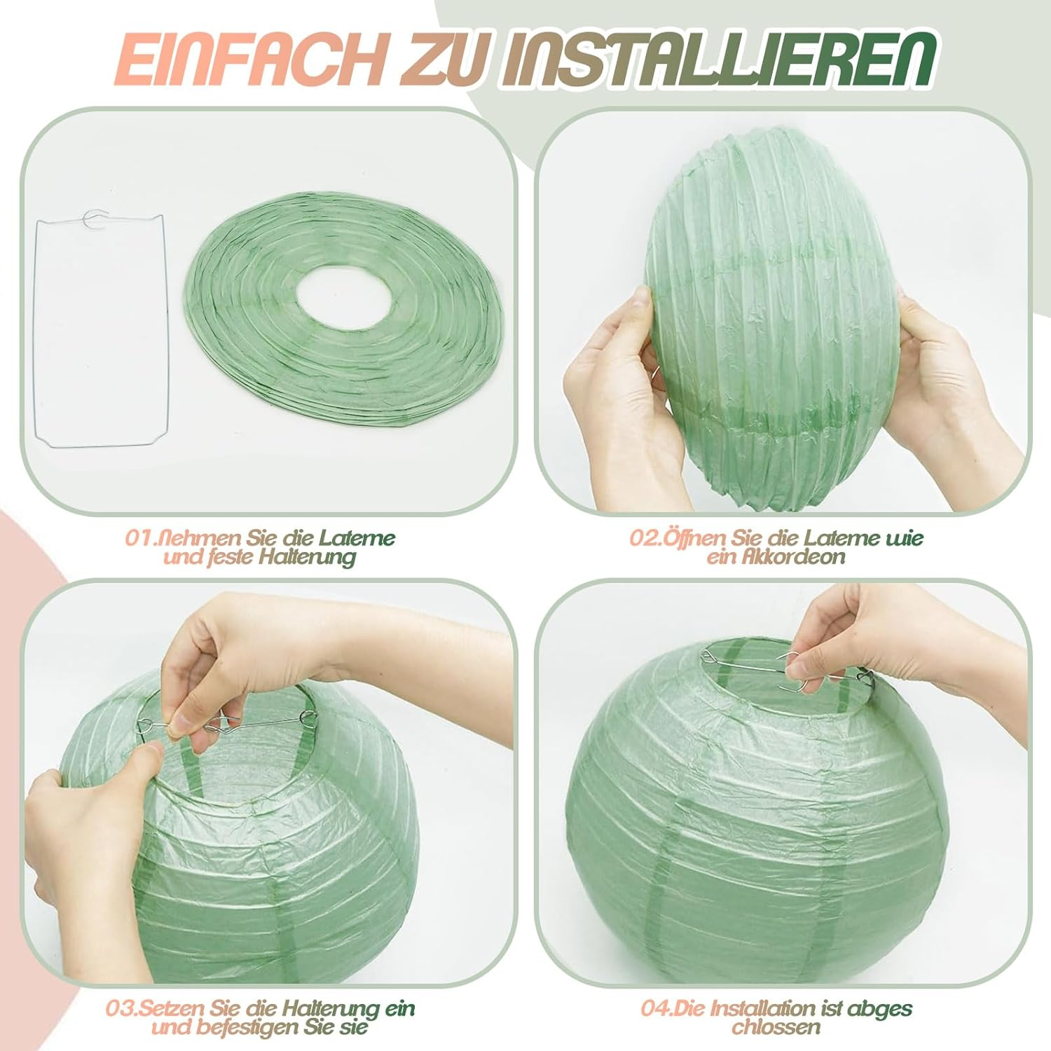 Pack of 15 Green Gold Paper Lanterns, round Hanging Paper Lanterns with Pennant and Fishing Line, Sage Green Lanterns for Bridal Wedding Decoration, Garden Party Decoration (Size: 25 Cm, 20 Cm, 15 Cm) image number 2