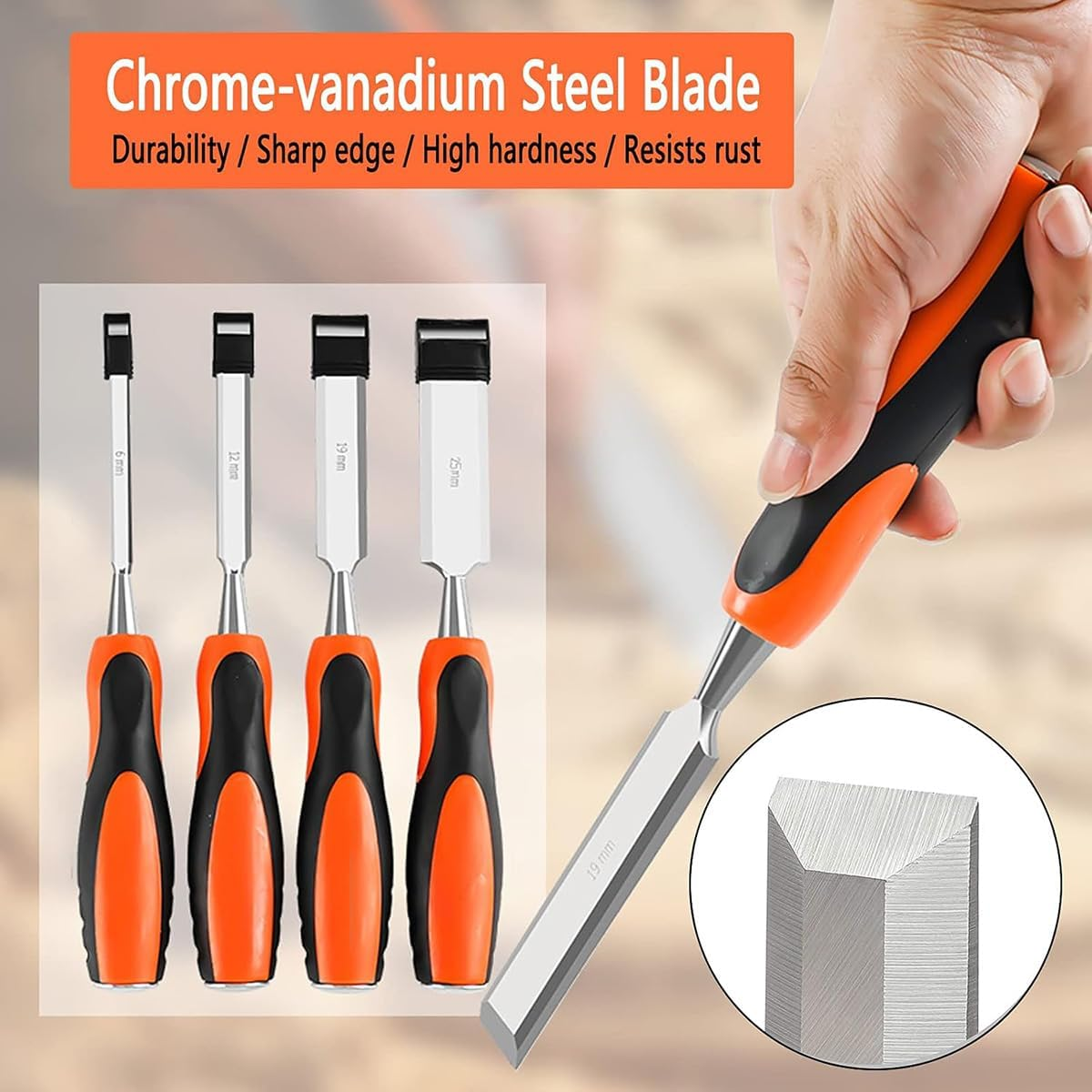 AIMALL Woodworking Chisel Set &ndash; Chrome-Vanadium Steel Blades, Rubber Handles, Flat Edge, 6-Piece Manual Woodworking Tools image number 2