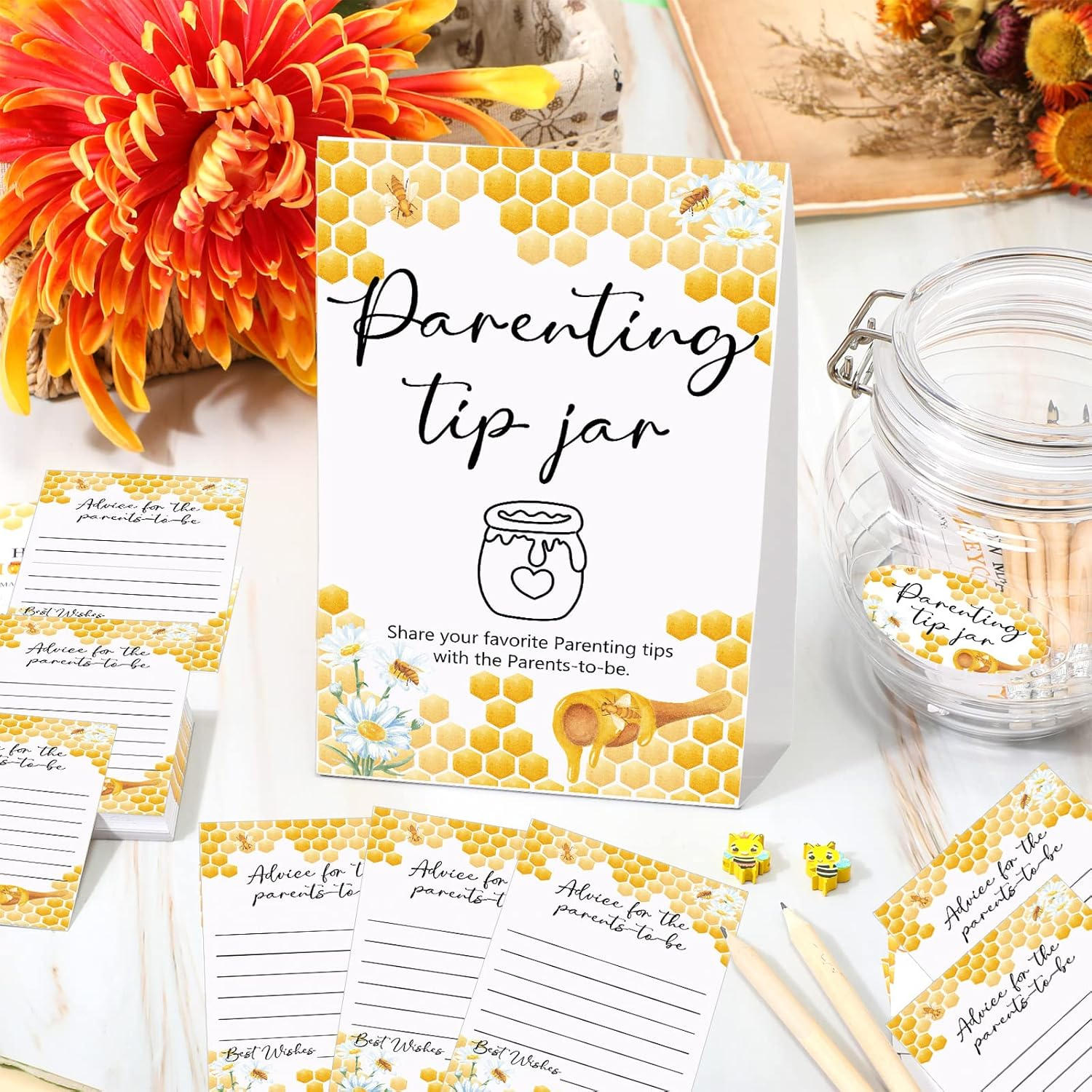 Roowest Baby Shower to Baby Advice Cards for New Parents to Be - Tip Jar Sign for New Parents 60 Parenting Advice Cards 10 HB Pencils 2 Cute Stickers 1 Pet Bottle for Guests Games(Honey) image number 1
