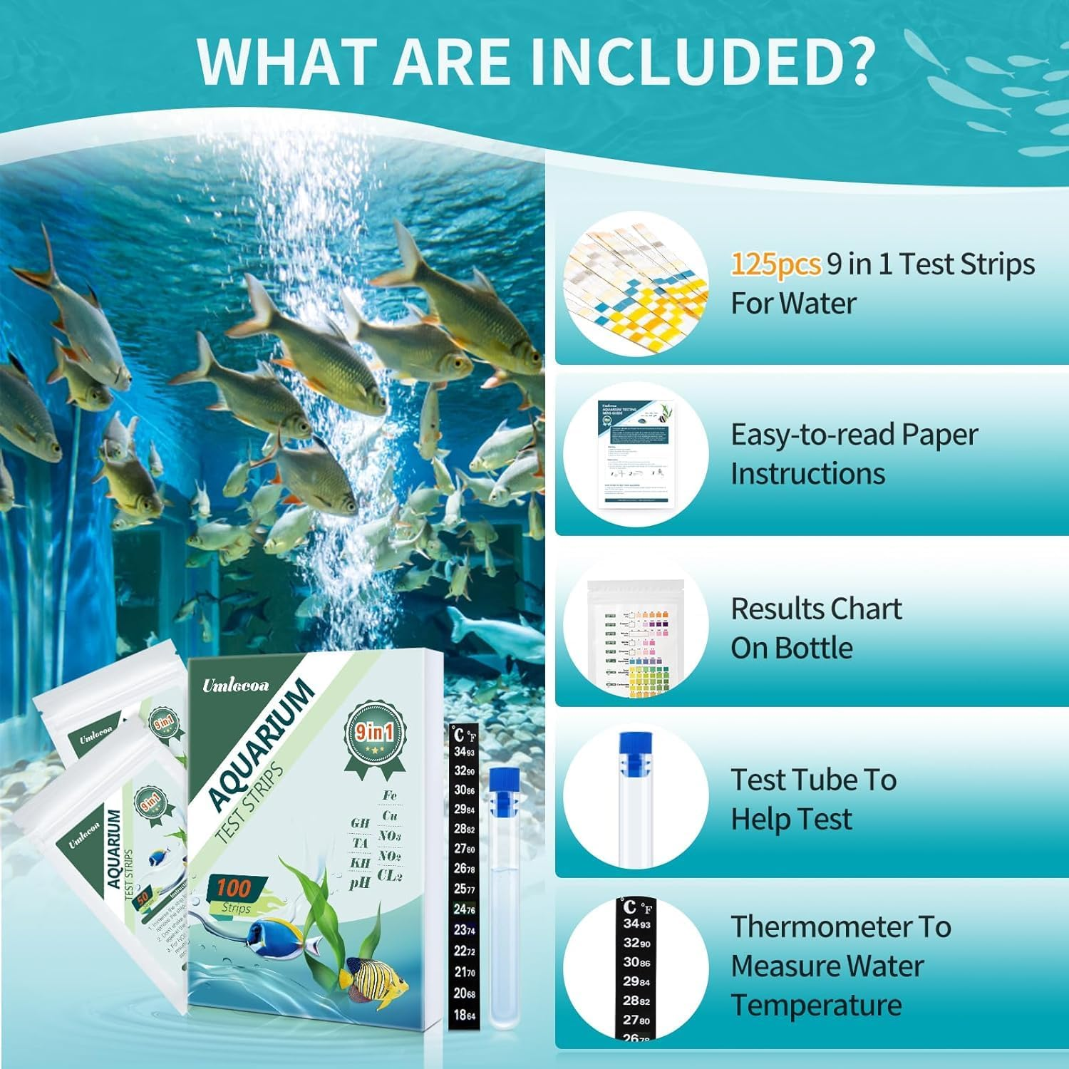 JINDUN 9 in 1 Aquarium Test Kit for Freshwater and Saltwater - 100 Aquarium Test Strips with Test Tube & Thermometer - Fast & Accurate Water Testing Strips for Aquarium/Pond/Pool image number 4