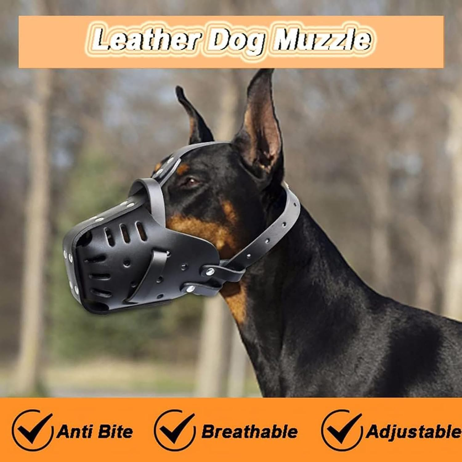 German Shepherd Malinois Muzzle, Leather Mouth Guard for Biting, Chewing, Grooming, Adjustable, Breathable, for Medium and Large Dogs, Black, Neck Circumference - 35 X 50 Cm image number 4
