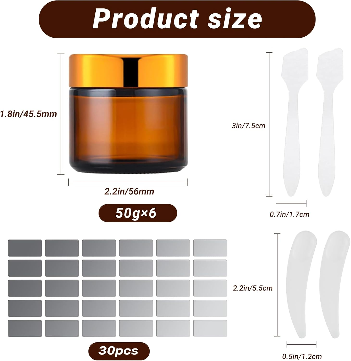JOWILIN Glass Cosmetic Containers Set, 6 Pcs 50G/50Ml Empty Sample Jars with Inner Liners & Lids & 4 Spatulas Tool, Portable & Reusable Pot, Refillable Travel Jars for Makeup, Lotions, Cream (Amber) - Clear image number 5