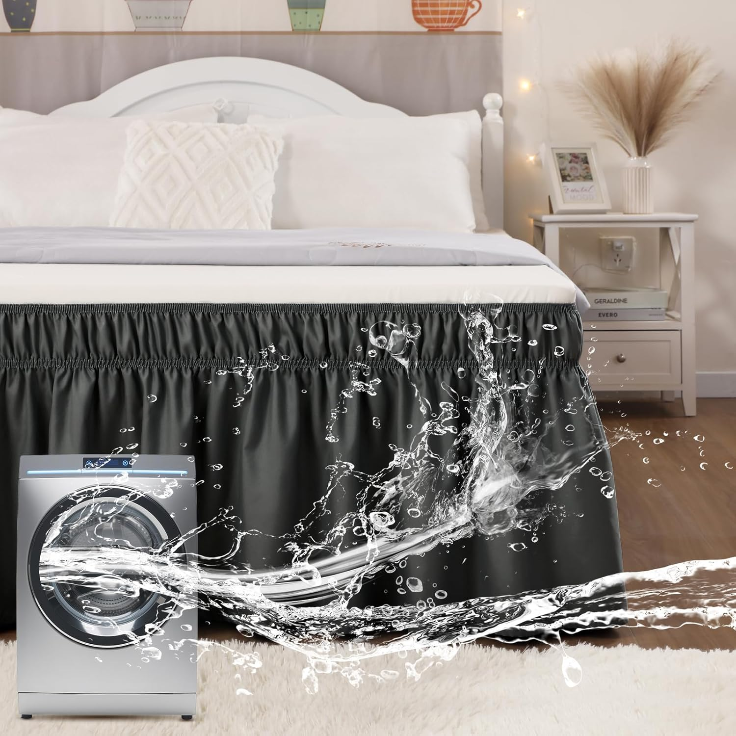 Vocander 2 Layer Bedskirt,White Queen Size Bed Skirt 18 Inch Drop Easy to Put On,Elastic Wrap around Dust Ruffle for Bed Frame & Mattress,Luxury Bedskirt for Adjustable Bed Microfiber Fabric