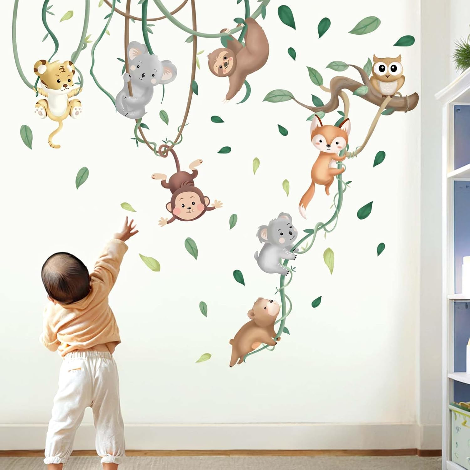 Baby Animals Wall Stickers for Nursery: Kids Boys Bedroom Classroom Daycare Wall Decals - Jungle Animals Climbing Tree Fox Giraffe Monkey Sloth Koala image number 5