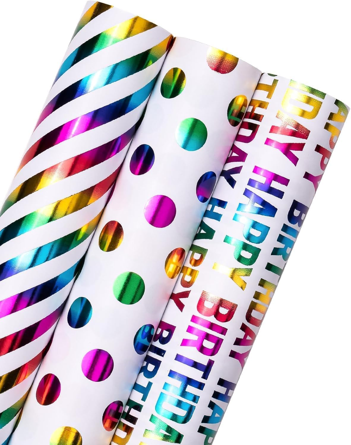 Birthday Wrapping Paper Roll, Birthday Gift Wrapping Paper Paper Roll,3 Rolls Happy Birthday Polka Dots Stripes Design for Birthday, Holiday, Party, Wedding by H HOME-MART (Gold Foil)