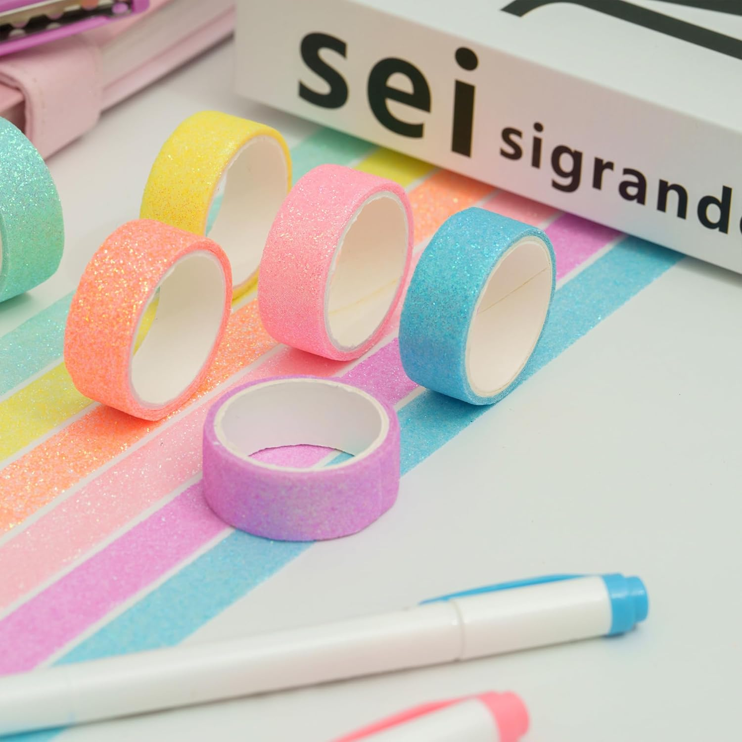 YUBX Glitter Washi Tape Set 12 Rolls Sparkling Foil Decorative Sprinkle Colored Masking Tapes for Arts, DIY Crafts, Journals, Planners, Scrapbook, Wrapping (12 Colors) image number 2