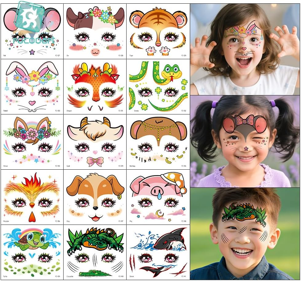 Shalve Animal Temporary Face Tattoos 15 Sheets Pack Partywind Glitter Waterproof Face Stickers for Face Painting Makeup Birthday Party Favors Supplies Goodie Bag Stuffers Cow Tiger Snake Rabbit Pig Shark image number 3