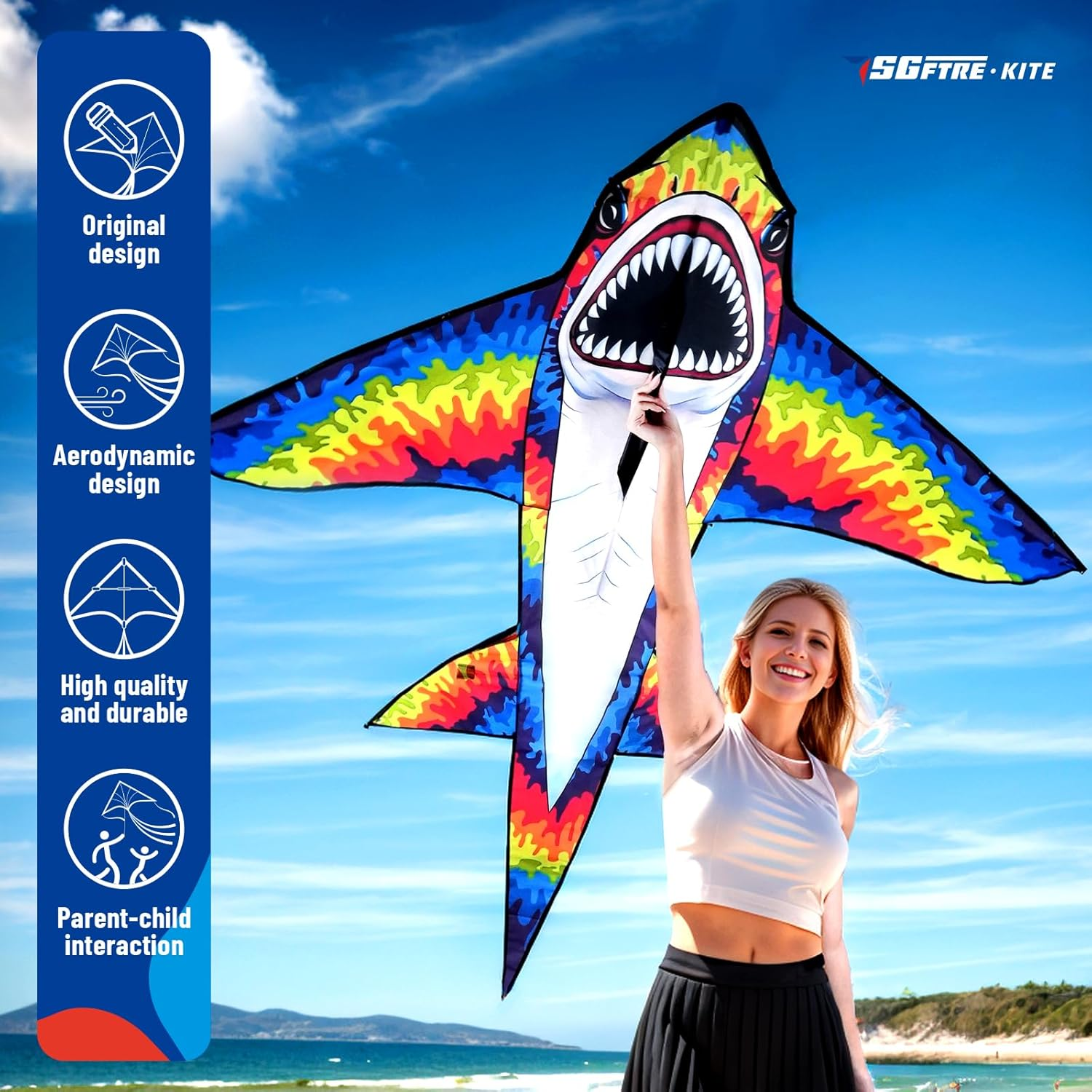 Sgftre Three Headed Shark Kite for Kids and Adults,Kites for Kids Ages 8-12 Easy to Fly,Single Line Beach and Park Kite for Family Outdoor Games image number 5