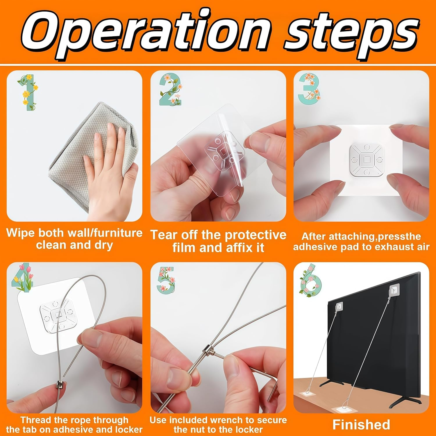 Adjustable Safety Straps (2 Pcs Steel Wire Rope+8Pcs Adhesive Pad),No-Drill Adhesive Anti-Tip Furniture Anchors Kit for Secure Flat Screens Fix to Wall,Cabinet,Dresser,Stand or Desk