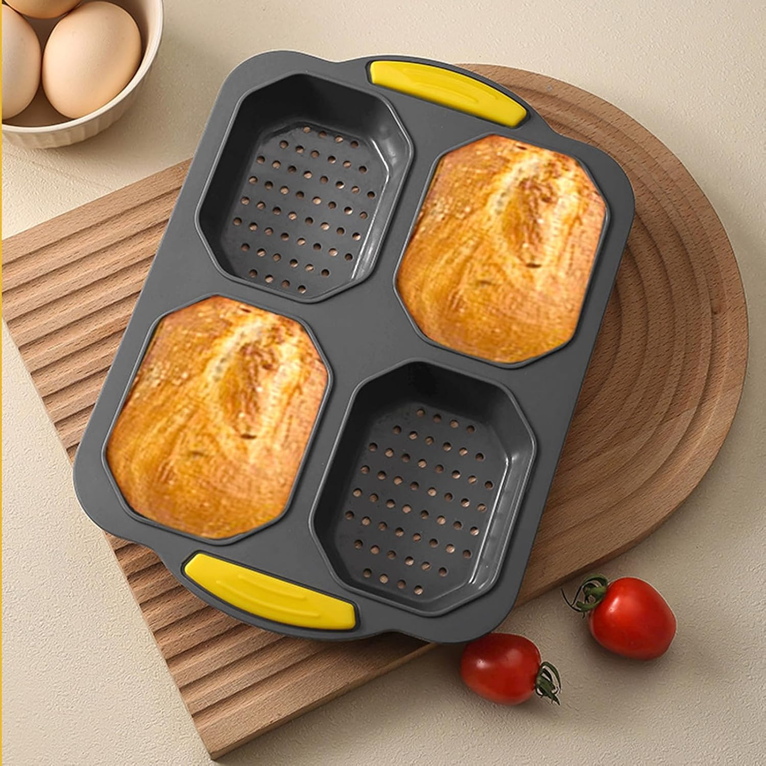 8 Cavity Hamburger Bread Pan and 4 Cavity Baguette Pan, Silicone Hamburger Buns, Non Stick Baking Pan, Perforated Design, Heat Circulation, Easy Release, Black image number 2