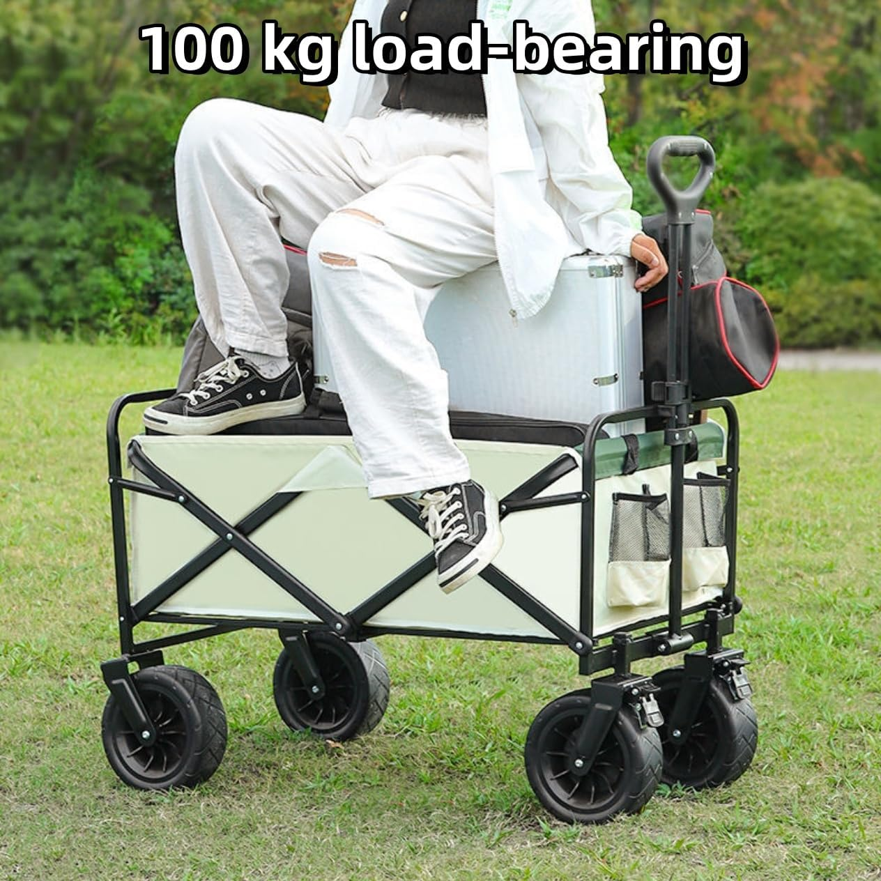 Collapsible Wagons Carts Foldable, Wagon Cart with Wheels, Heavy Duty Wagon 80L, 100Kg Beach Cart, 5CM Wide Big Wheels & Adjustable Utility Wagon, Garden Cart, Yard Cart, Small Wagon (Black)