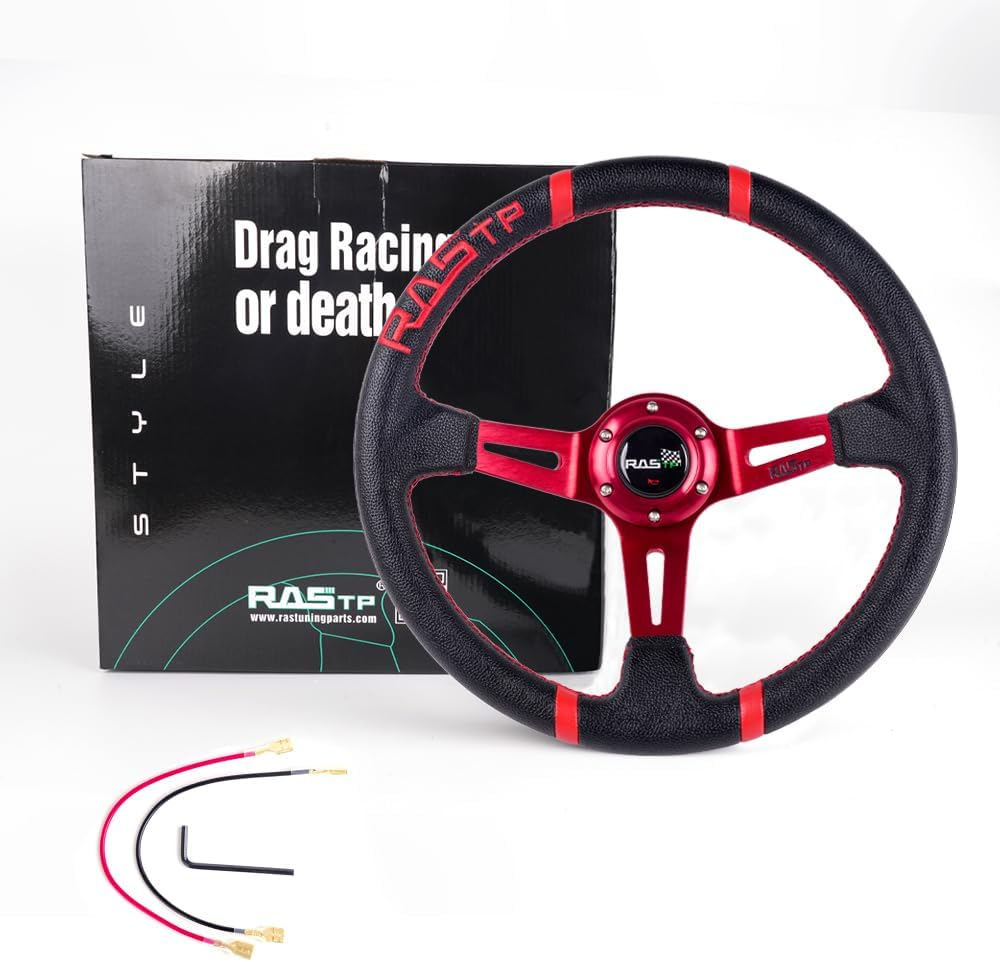 RASTP Universal Racing Steering Wheel,Deep Dish Steering Wheel Leather Embroidery 13.58&rdquo;/345Mm 6 Bolts with Horn Button Include Cable, Wrench,Red - Red image number 6