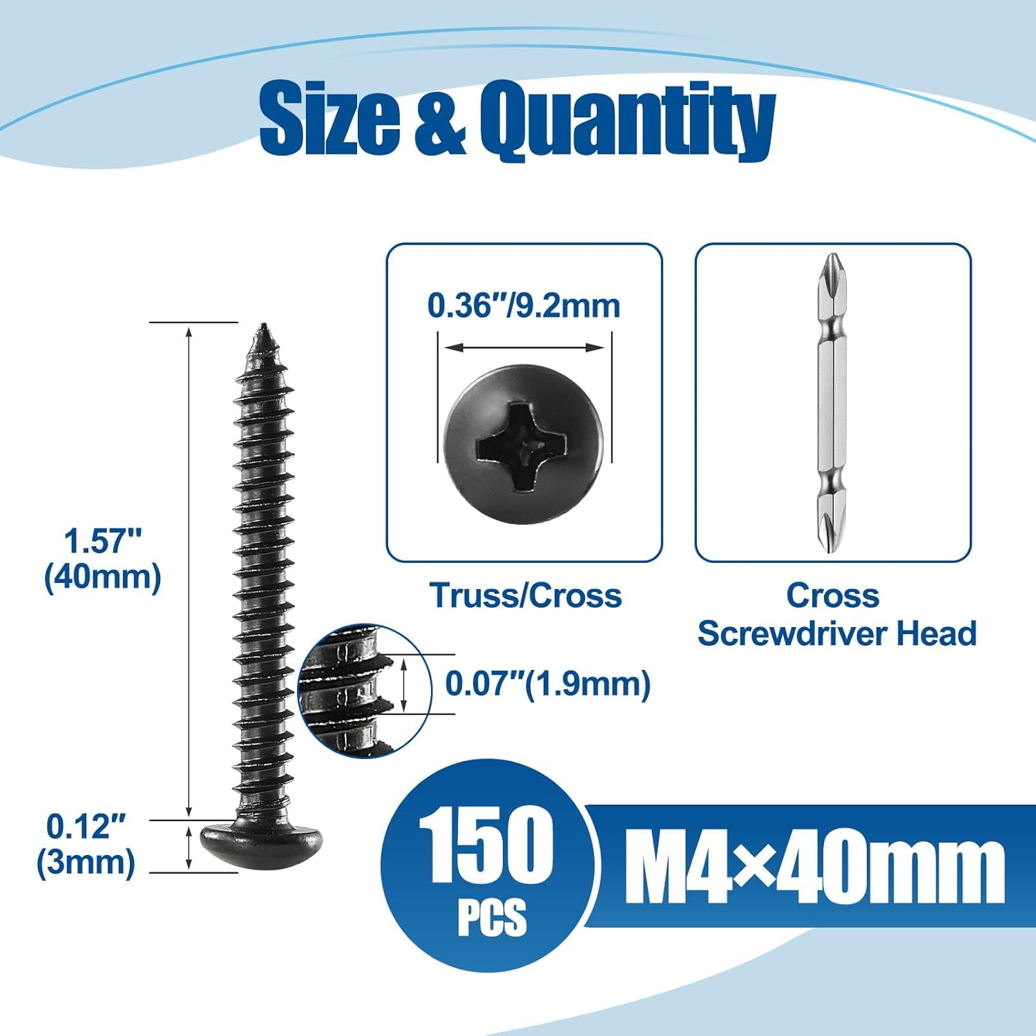 ANCHOREASE M4&times;40Mm Wood Screw 150Pcs, Black Carbon Steel Self Tapping Screws, Truss Head Phillips Fast Self Tapping Screws image number 6