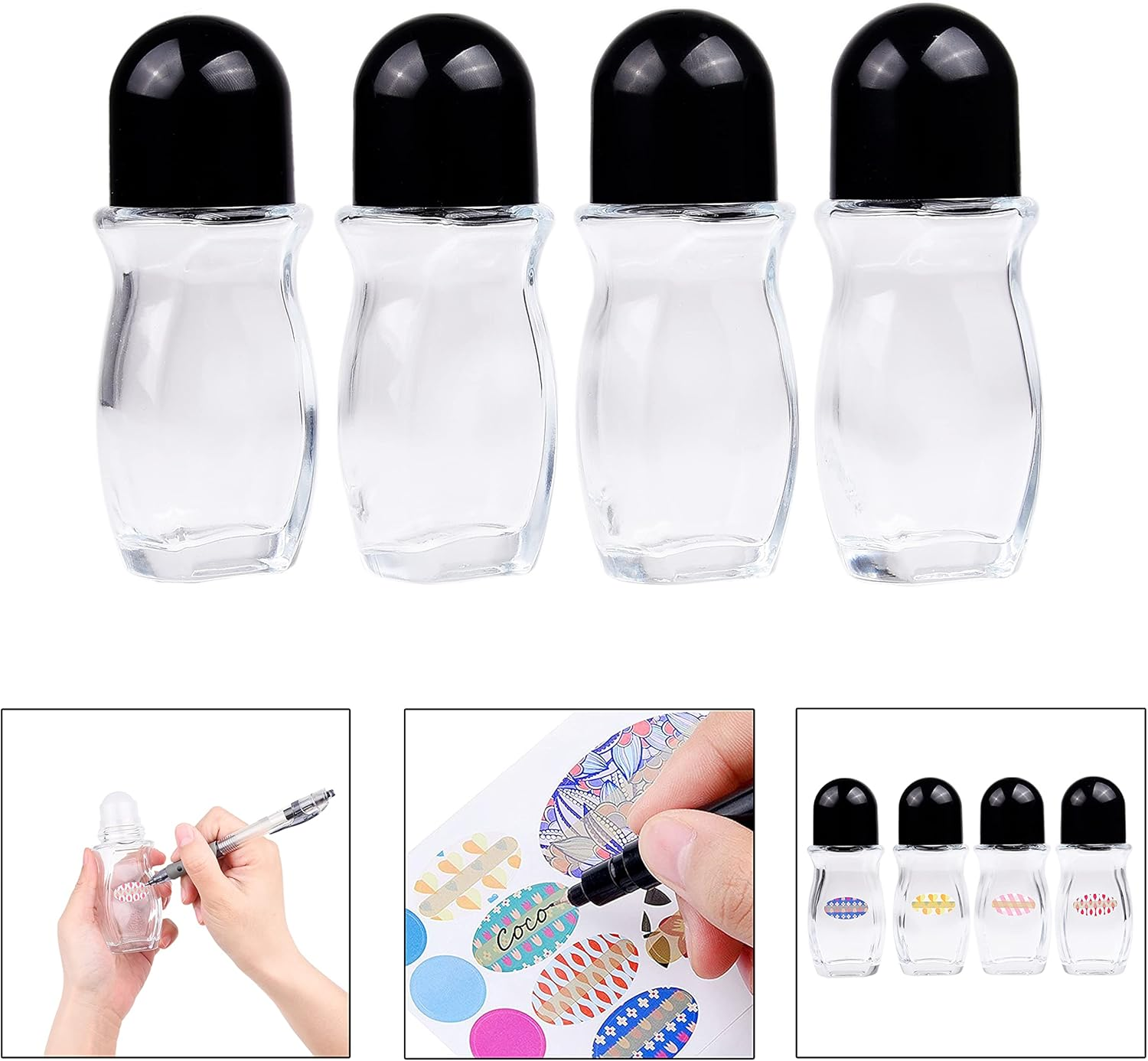 Refillable Glass Roll-On Deodorant Bottles (4-Pack) - Empty - Leak-Proof - 1.7 Oz (50 Ml) - with Stickers - Twist Cap - for Homemade Natural Deodorant Mosquito Repellent Sunscreen Moisturizer Etc. image number 2