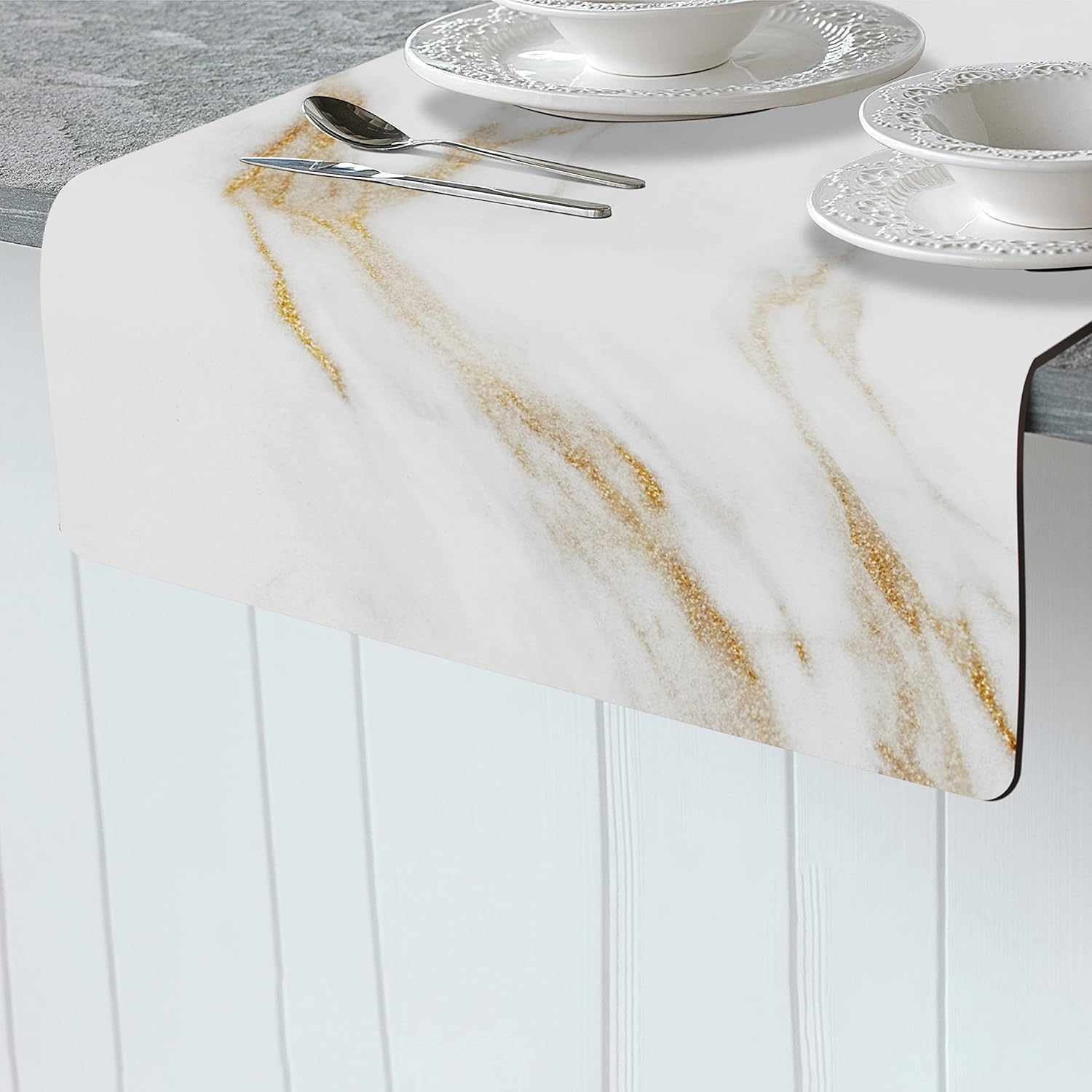 Thermo Heat Resistant Table Runner and Trivet for Hot Dishes - Waterproof Hot Plates to Protect Table and Countertop - Kitchen & Dining 350F Heat Protector 40" - White Golden Marble image number 5