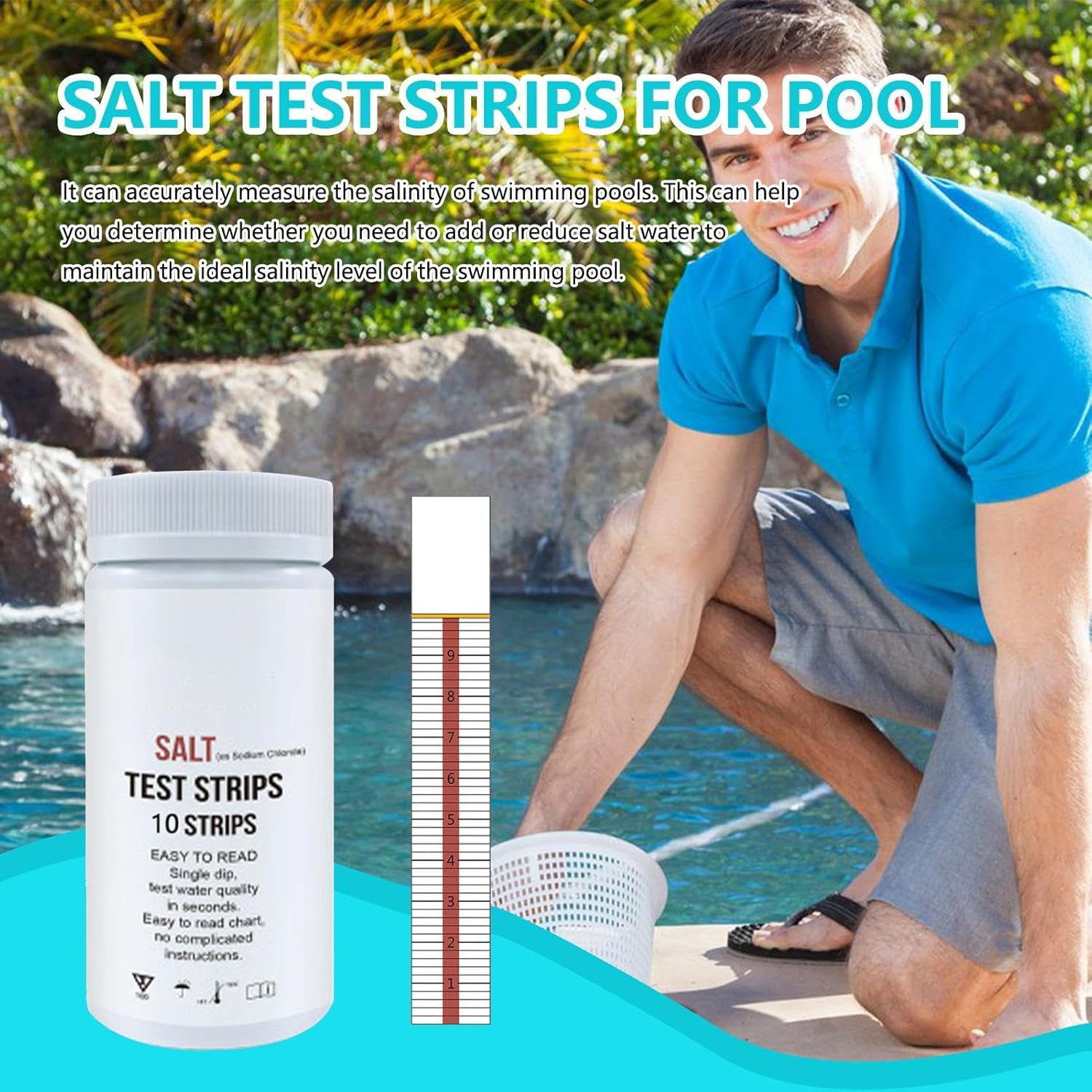 Salt Test Strips for Pool, 10 Counts Salt Pool Test Strips, Salinity Tester, Pool Water Testing Kit, Saltwater Detection Paper Strips for Water Hot Tub, Spa, Swimming Pool image number 1