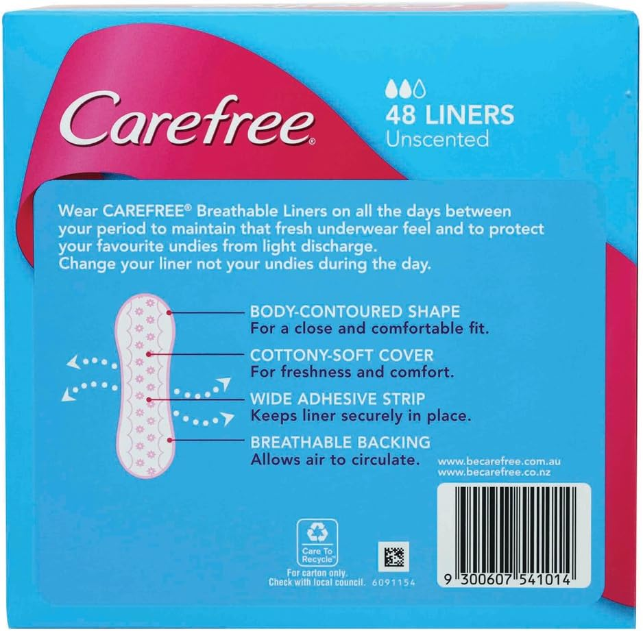 Carefree Breathable Unscented Panty Liners 96 Pack| Body-Contoured Shape| Cottony-Soft Cover| Wide Adhesive Strip| Breathable Backing image number 4