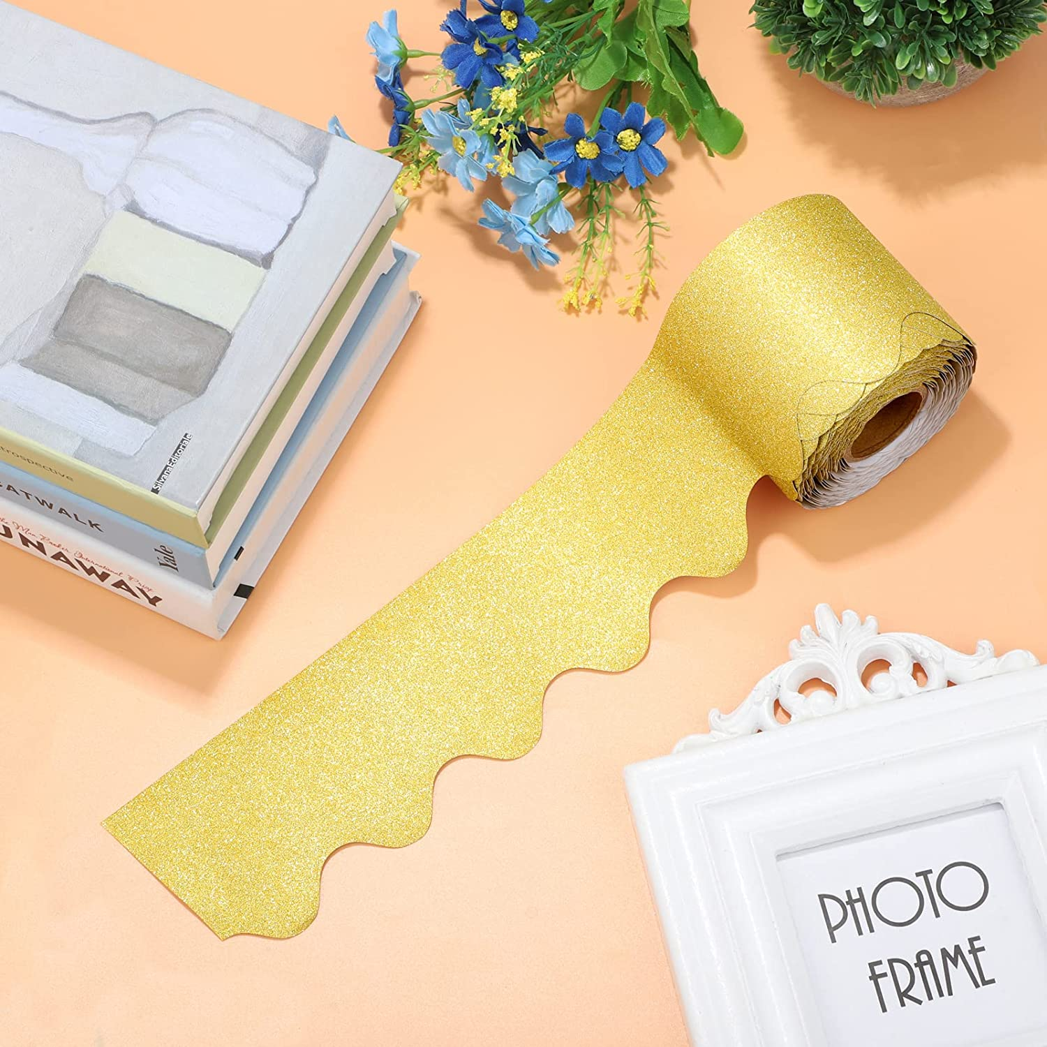 Durony 65.6 Feet Bulletin Board Borders Glitter Borders Trim Scalloped Board Borders Decoration Borders for School Classroom Decoration (Gold) - Silver image number 2