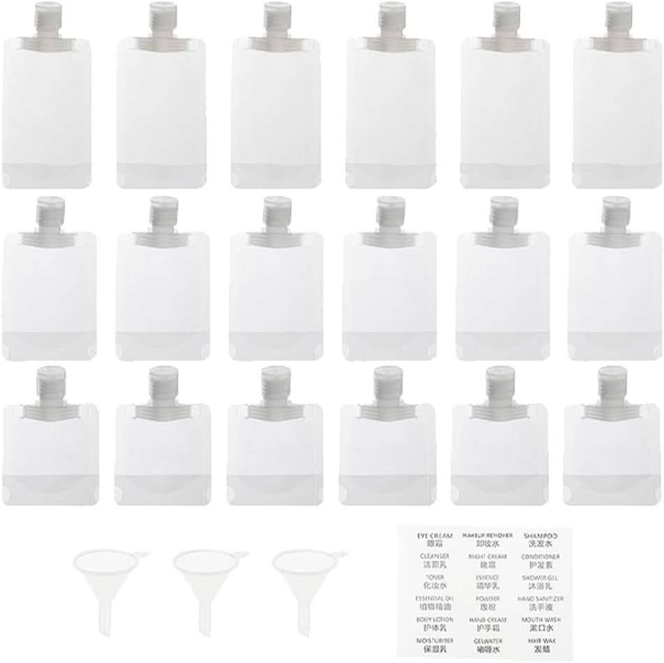 FRCOLOR 1Set Travel Refillable Squeeze Pouches Portable Fluid Packing Bags for Toiletries Leakproof Lotion Pouches with Funnels Labels for Outdoor Travel image number 2