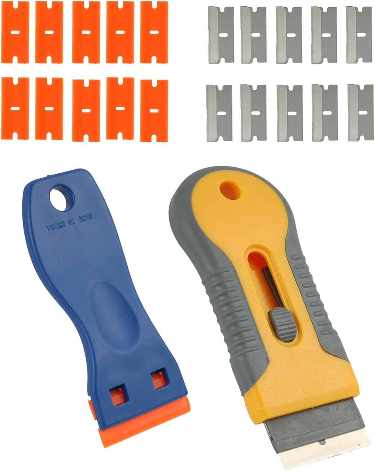 2 Pcs Scraper with 20 Extra Blades, Multi-Purpose Razor Blade Scraper Tool for Tile Window Glass Ceramic Hob Stove Top Remove Labels, Stickers Glue Residue Paint (Includes Metal & Plastic Blades) image number 1