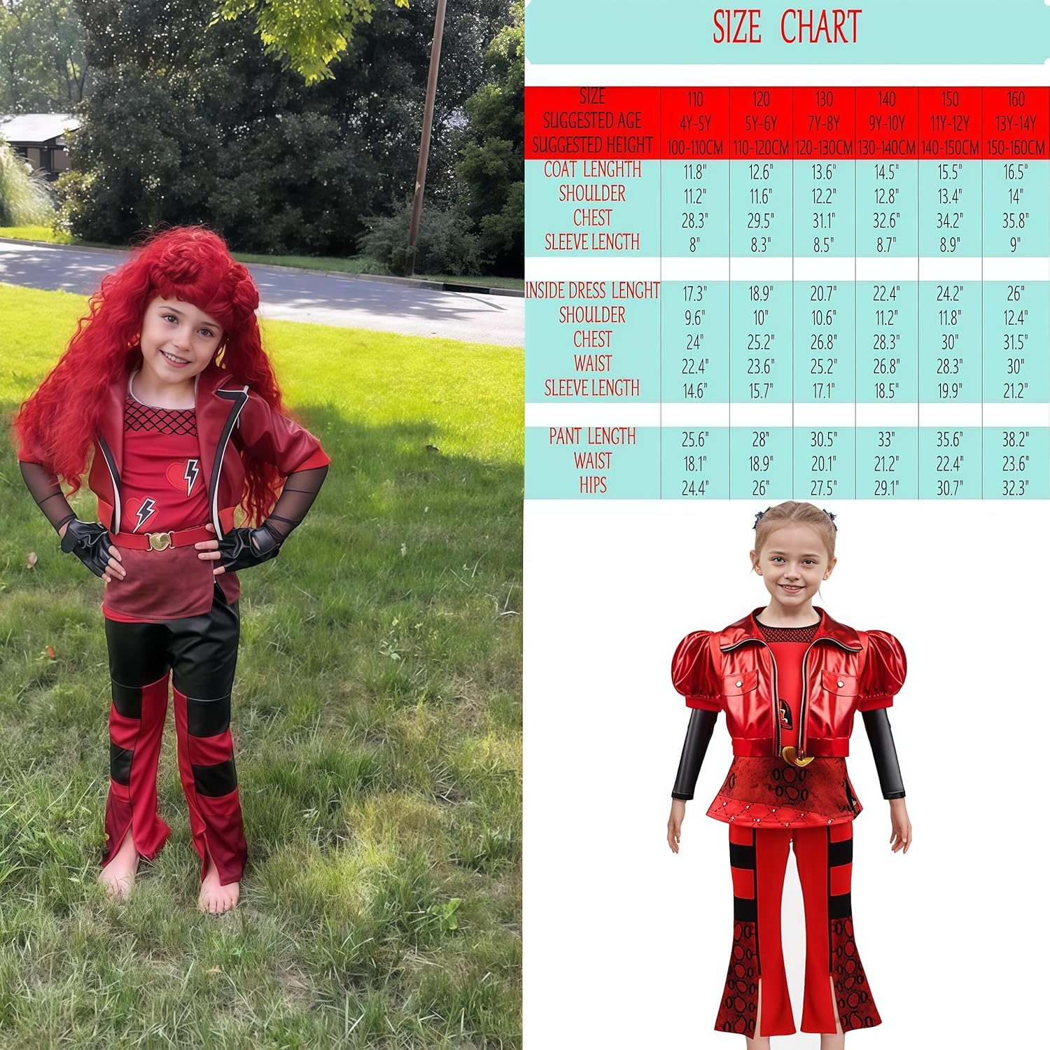 Red Costume for Girls - Rise Red Costume Includes Short Sleeves Jacket Top Flared Pants Wig 4Pcs Halloween Princess Dress up 6-15Y image number 6