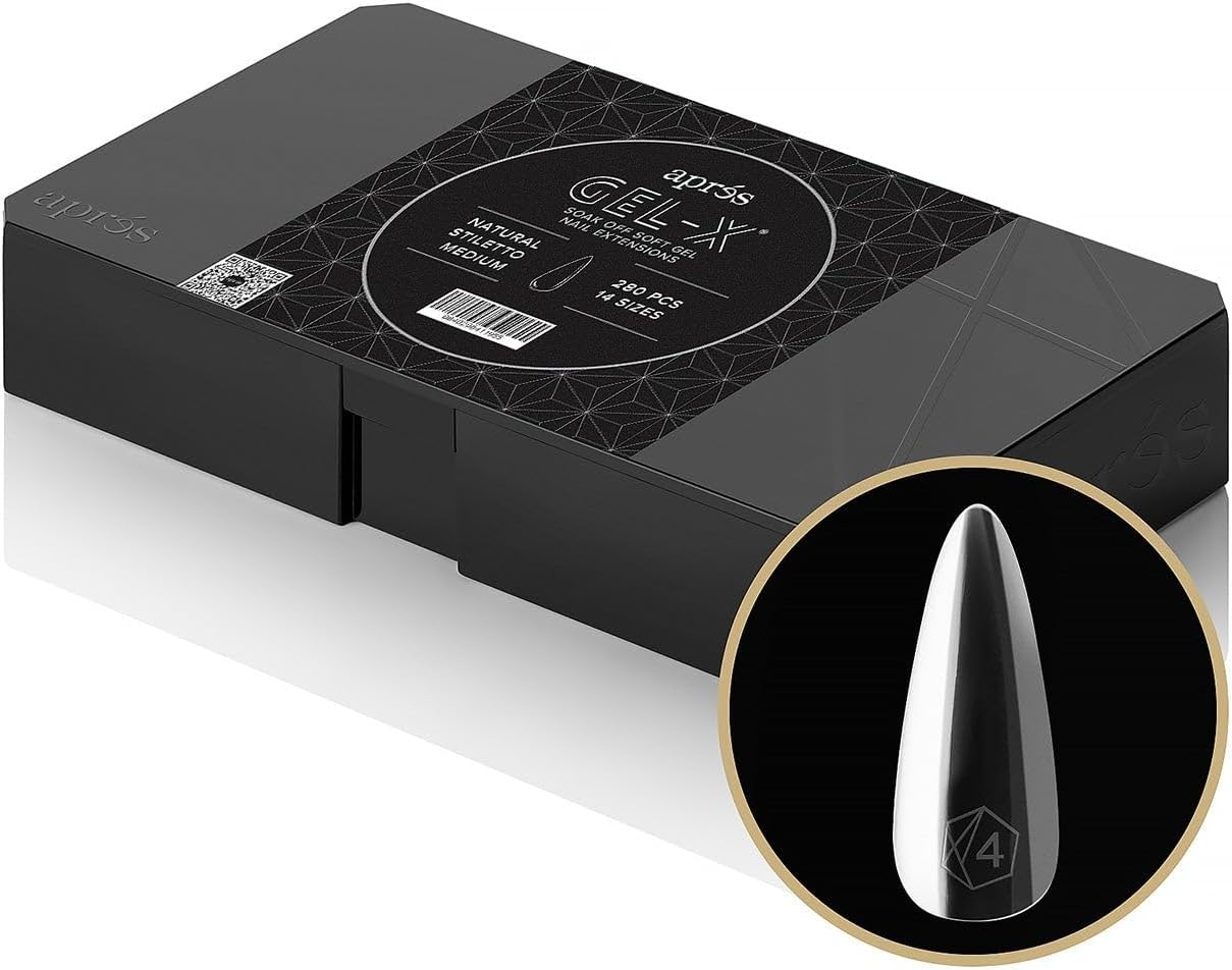 APR&Eacute;S Apres Gel-X Stiletto Nail Tips Box, 280 Gel-X Tips, Soft Gel Tips, 14 Sizes 00-9, Half Sizes Included (Natural Stiletto Extra Short, 280 Count)