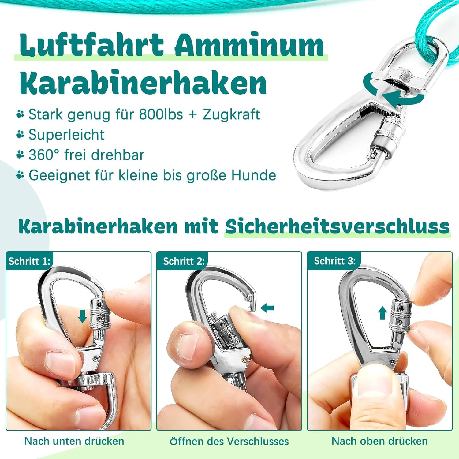 Yard Lead for Dogs, 6 M Yard Lead Tie Out Leads, Tie Out Cables for Dogs with Screw Cap, Yard Lead Tie Out Lead with Shock Absorbing Spring up to 125 Lbs, Pet Lead Bite Resistant for Camping