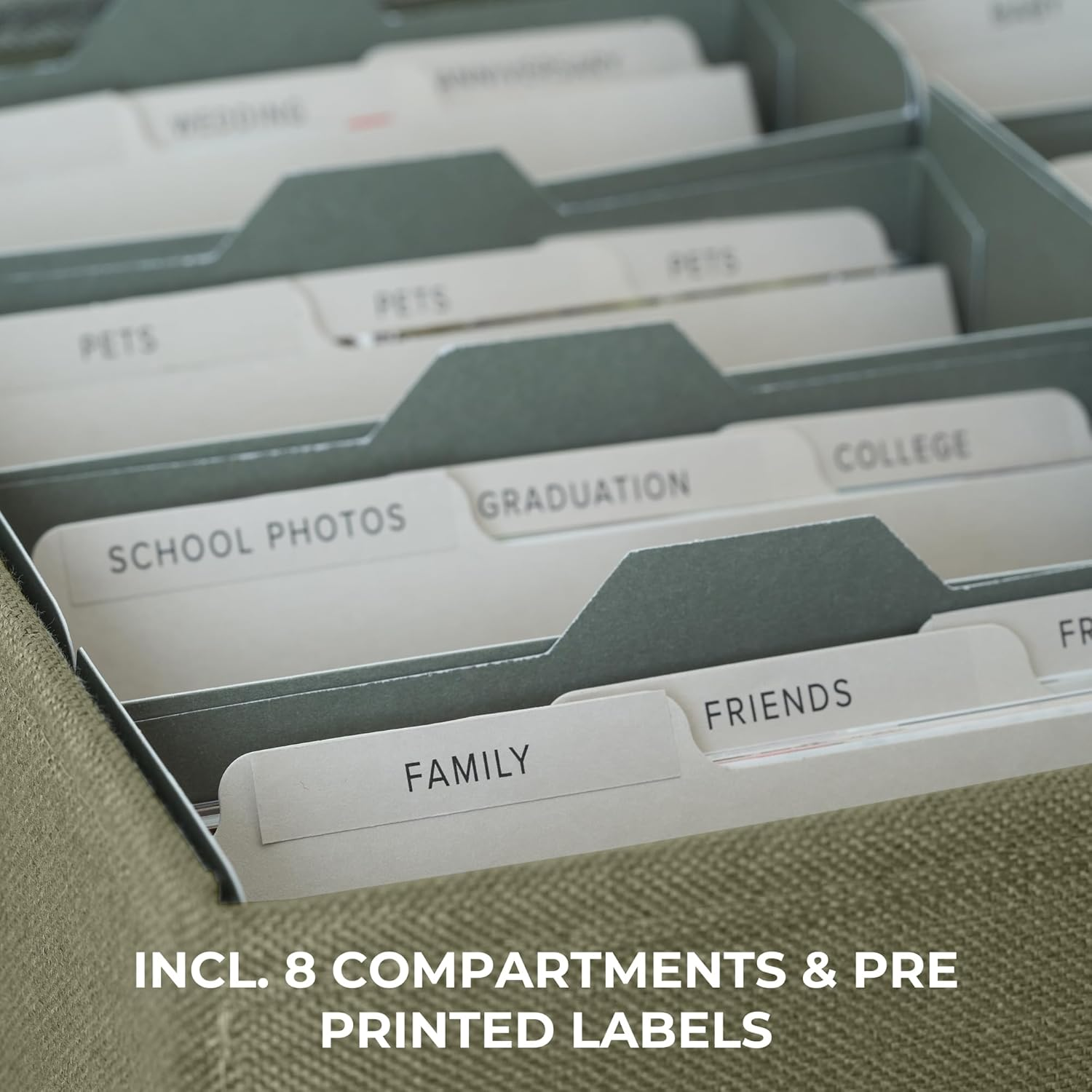 ZICOTO Decorative Photo Storage Box - Sturdy Linen Photo Organizer with Dividers Is Perfect to Store up to 1700 Pictures and 4X6 Photos - Portable Scrapbook Storage Containers with Lid - Sage image number 4