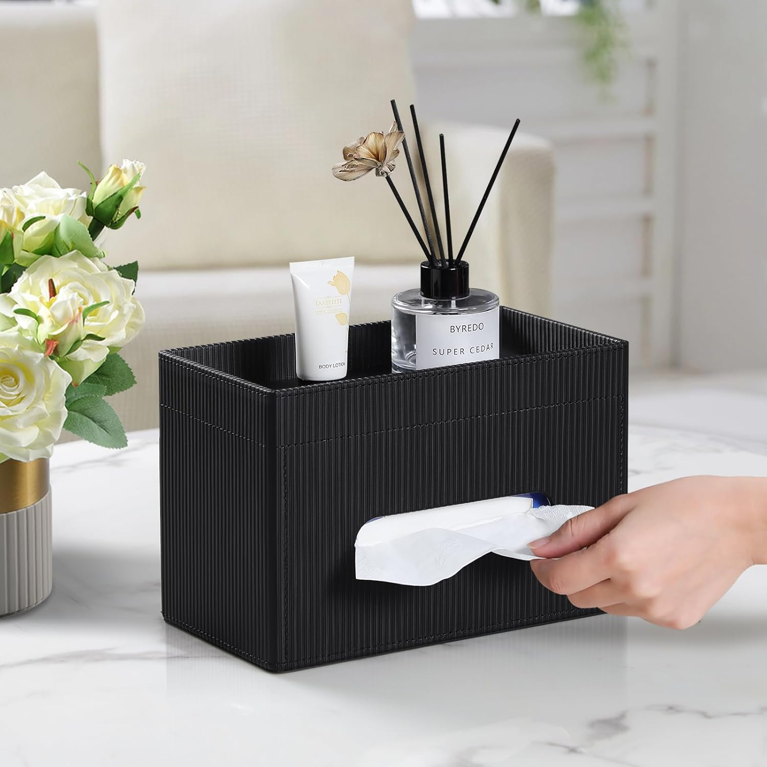 Cretkhp Rectangular Tissue Box Cover with Storage Tray, PU Leather Tissue Box Holder for Bathroom Vanity Countertop Night Stands Bedroom Office Desk, Stylish Tissue Holder Decorative Organizer (Black)