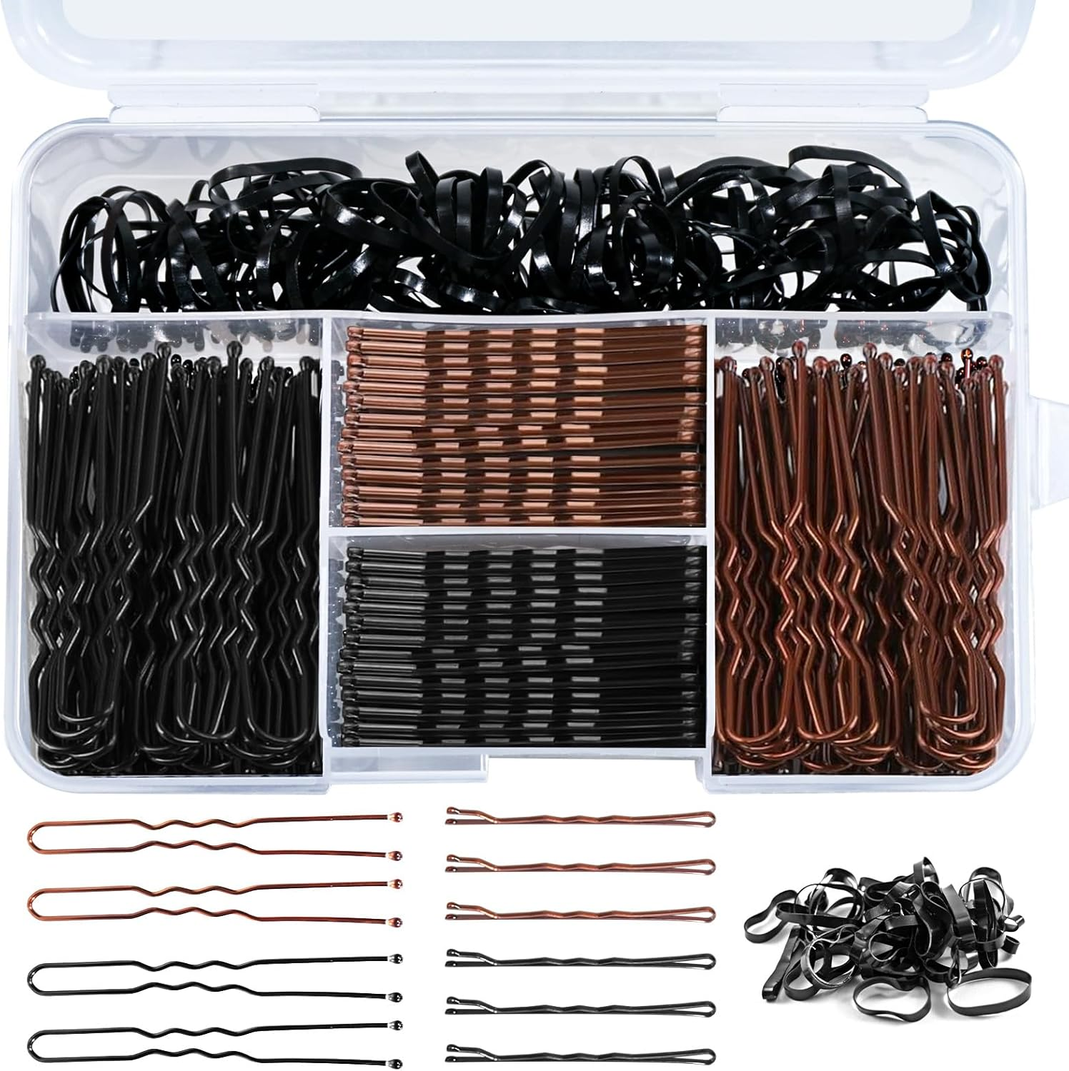 Axinost Pack of 300 Hair Pins, Metal Wave Shape Hair Clips, Bobby Pins, U Hair Clips, Hair Pins, Hair Scrunchie, with Storage Box for Children, Girls, Hairdressing Salon (Black and Brown) image number 4