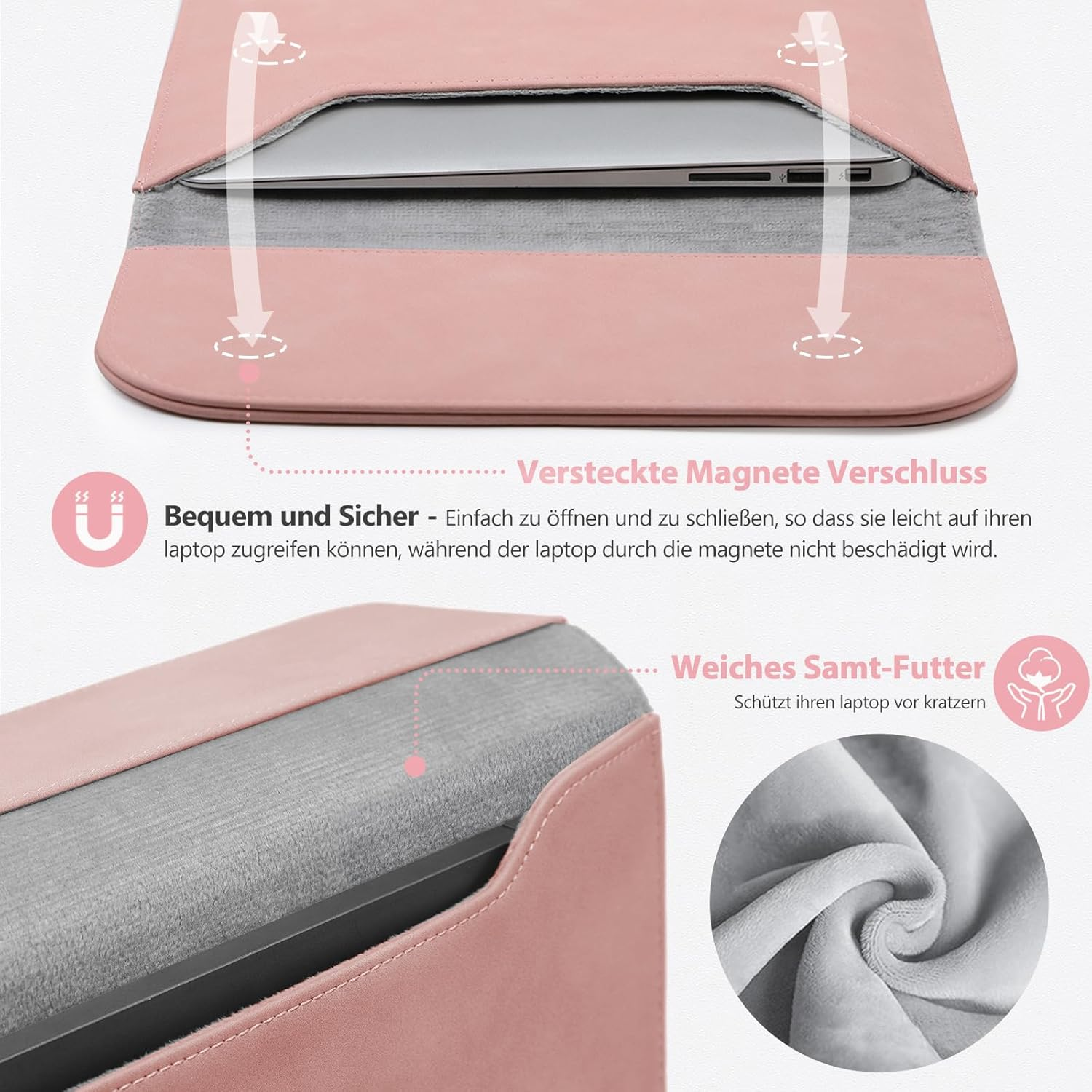 HYZUO 13.3-14 Inch Laptop Sleeve for Macbook Pro 14 M5/M4/M3/M2/M1 Pro/Max 2026-2021, 13.3" Macbook Air/Pro, 13.5-13.8 Surface Laptop, HP Envy 13, Faux Suede Leather Case with Pouch, Pink image number 5