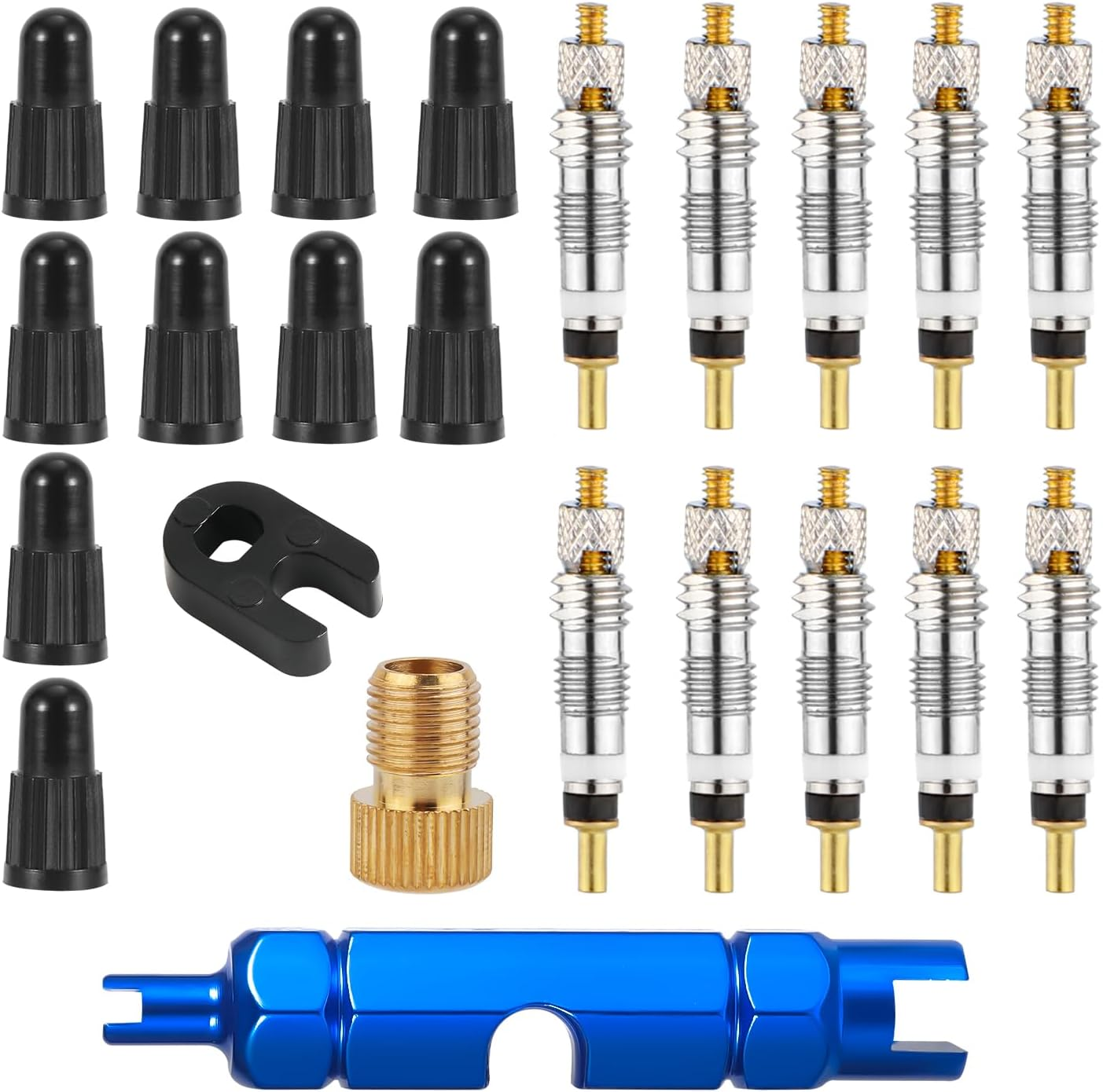 XIHIRCD Valve Core Repair Kit, 10Pcs Valve Cores & 10Pcs Valve Caps with Wrench Brass Joint Disassembler Easy to Replace Valve Core Bike Replacement Kit image number 3