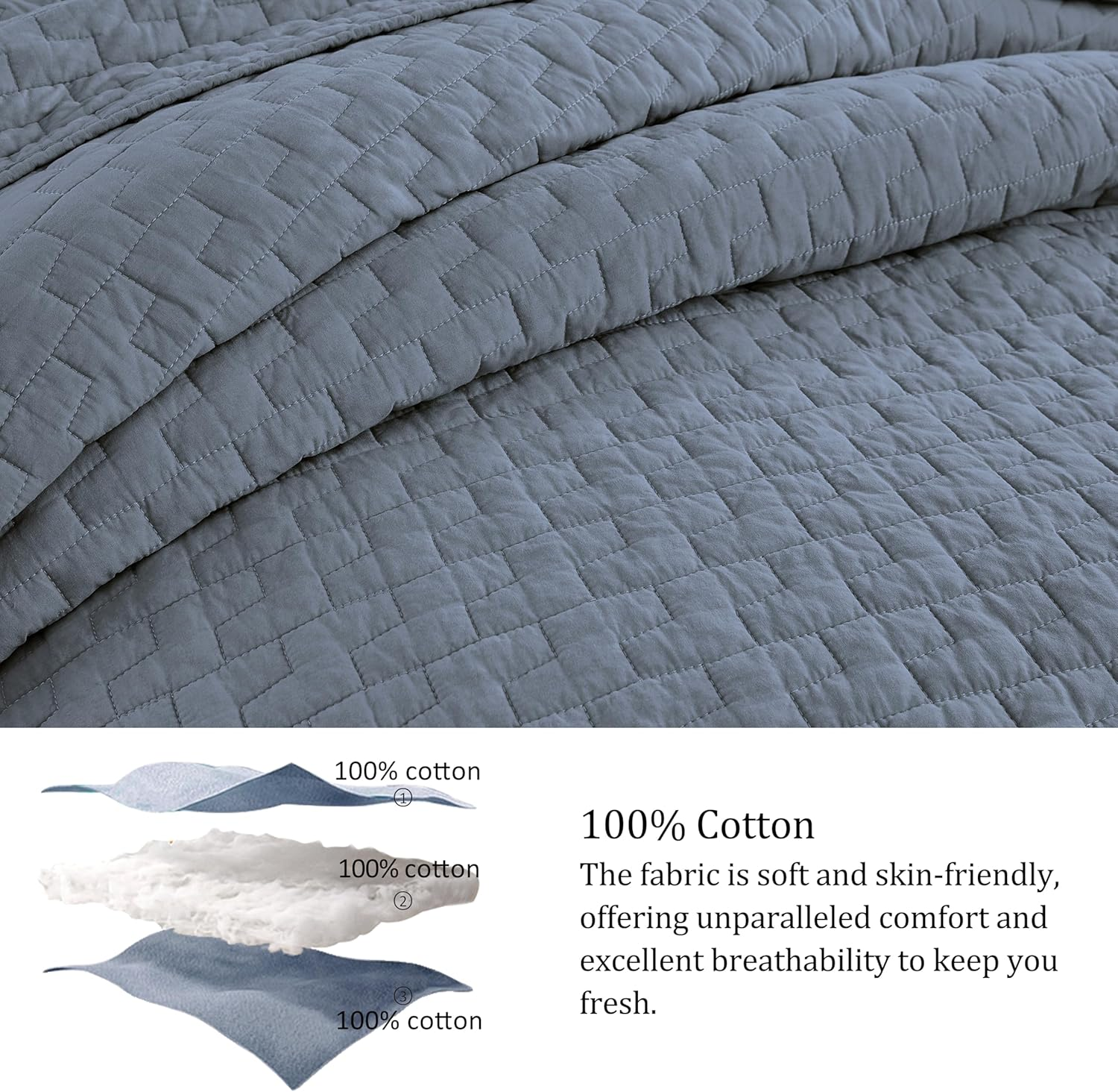 Palassio Blue Grey 100% Cotton Quilt California Cal King Size Bedding Sets with 2 Pillow Shams, Oversized Lightweight Bedspread Shabby Chic Coverlet, Soft Bed Cover for All Season, 3 Pieces image number 5