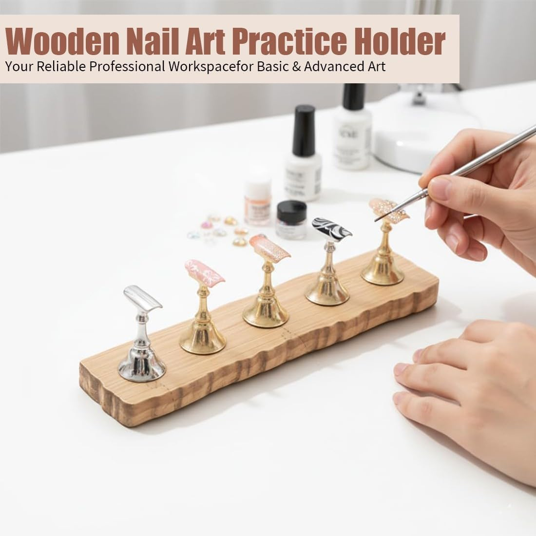 JYNXOR Set of 2 Nail Stands, Wooden Nail Practice Stand, Nail Holder, Magnetic Nail Tips Holder, Clear Pink Purple, Training Finger Display Stand, 2 Bases, One Sticker image number 4