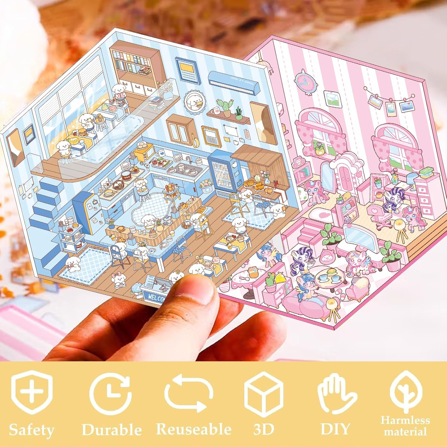 3D House Scene Stickers - 6 Sets DIY Mini Shop Stickers for Kids & Adults, Cute Cartoon Animal Stickers for Stress Relief & Creativity (Make Your Own 3D Sticker Scenes) (Stickers-A-1) image number 3