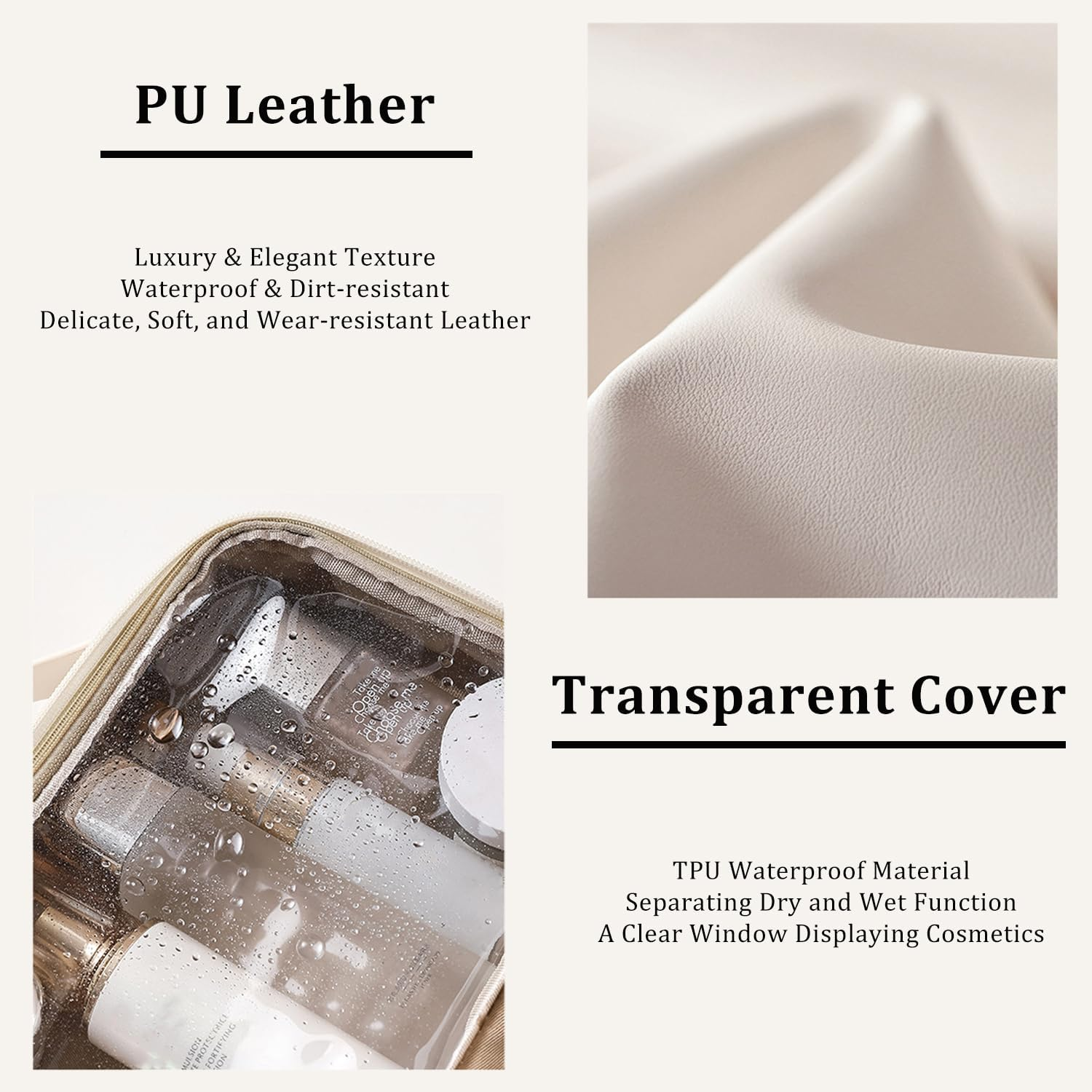 VNIMTI Travel Makeup Bag, 2 Layer Makeup Organizer with Brush Holder, Large Cosmetic Bag Toiletry Bag, Big Portable Makeup Pouch for Women, PU Leather, Waterproof (White) - Black image number 5