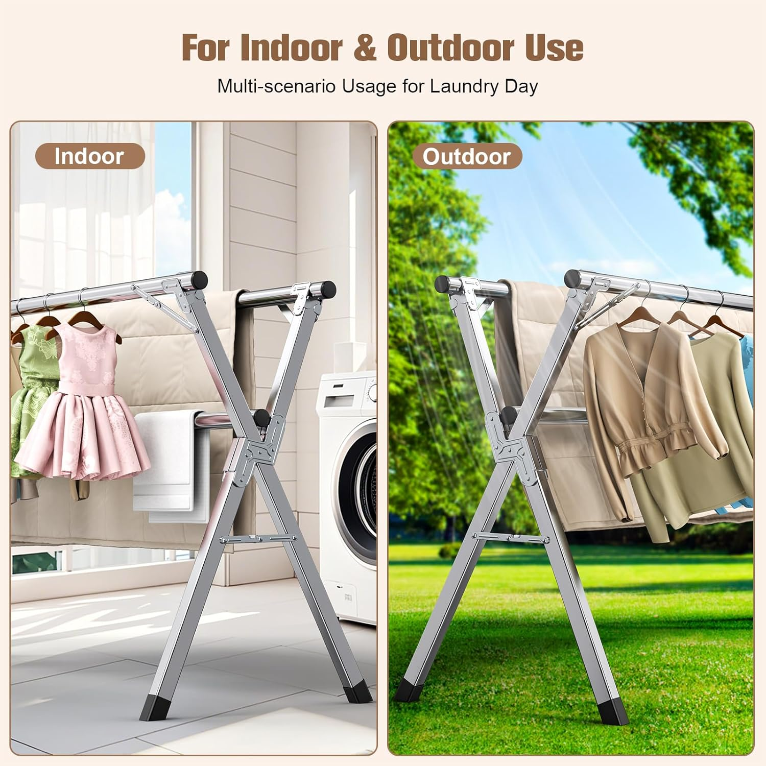 Hormes Clothes Drying Rack, 2.4M Adjustable Clothes Airer Laundry Drying Rack, Foldable Heavy Duty Stainless Steel Clothes Dryer Stand Horse with 20 Windproof Hooks & 12 Clips for Outdoor Indoor Use image number 1