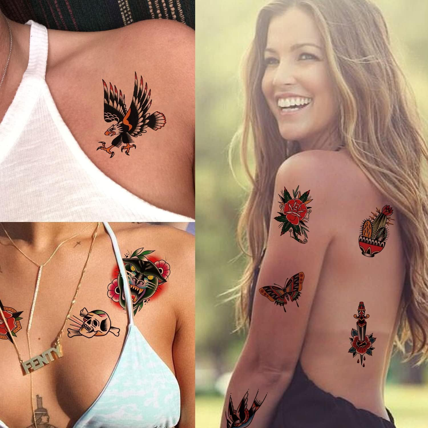 Temporary Classic Tattoos Adult Kids Old School Skull Tiger Sword Cat Eagle Snake Lotus Flower Butterfly Half Arm Realistic Fake Tattoos Sticker for Women Men 8 Sheets image number 1